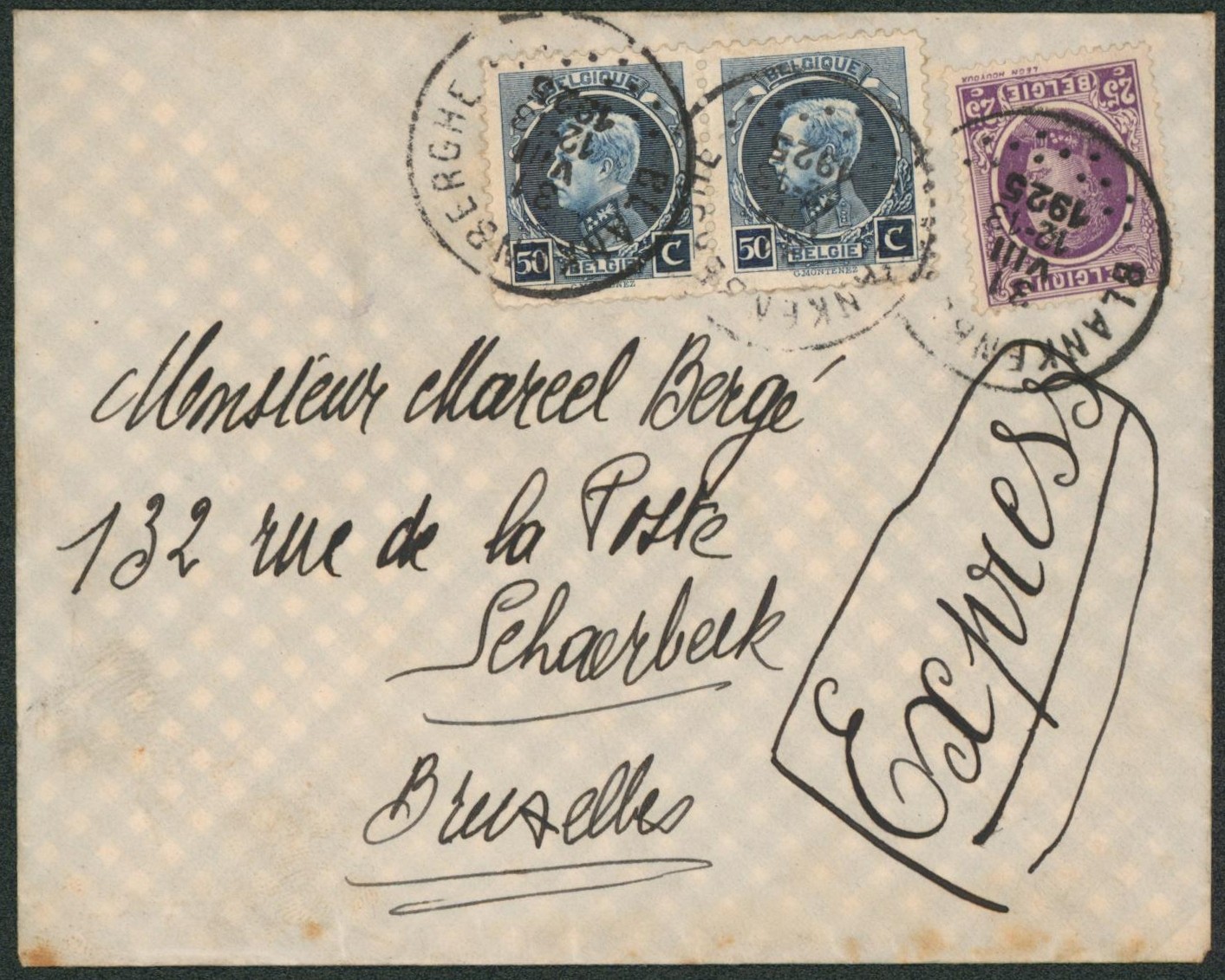 Affranch. Mixte (Houyoux / Petit montenez) sur lettre en expres de Blankenberghe > Schaerbeek