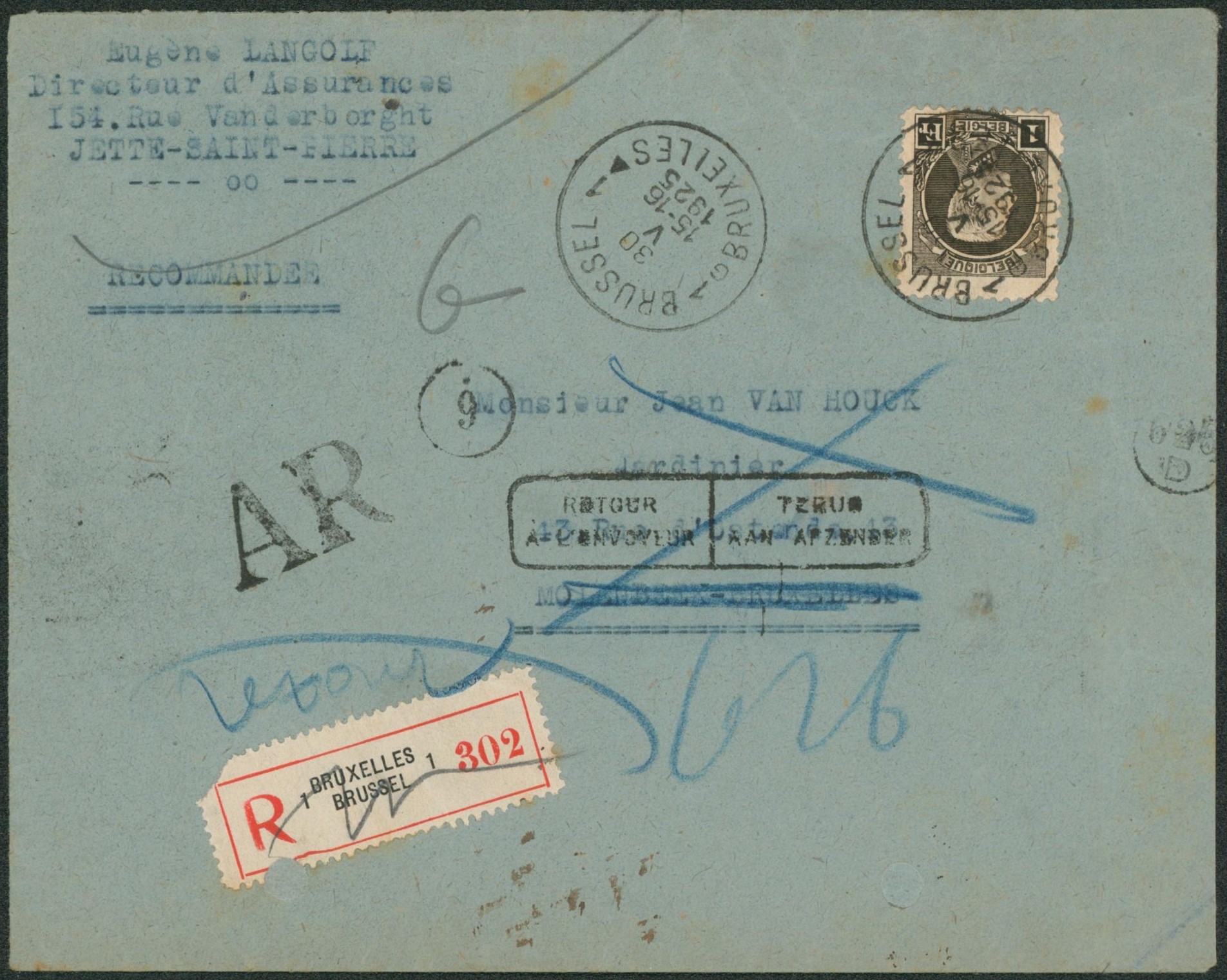 Petit montenez - n°214 sur lettre en recommandé de Bruxelles/Brussel + griffe AR > Molenbeek. Encadré bilingue "Retour à l'envoyeur".