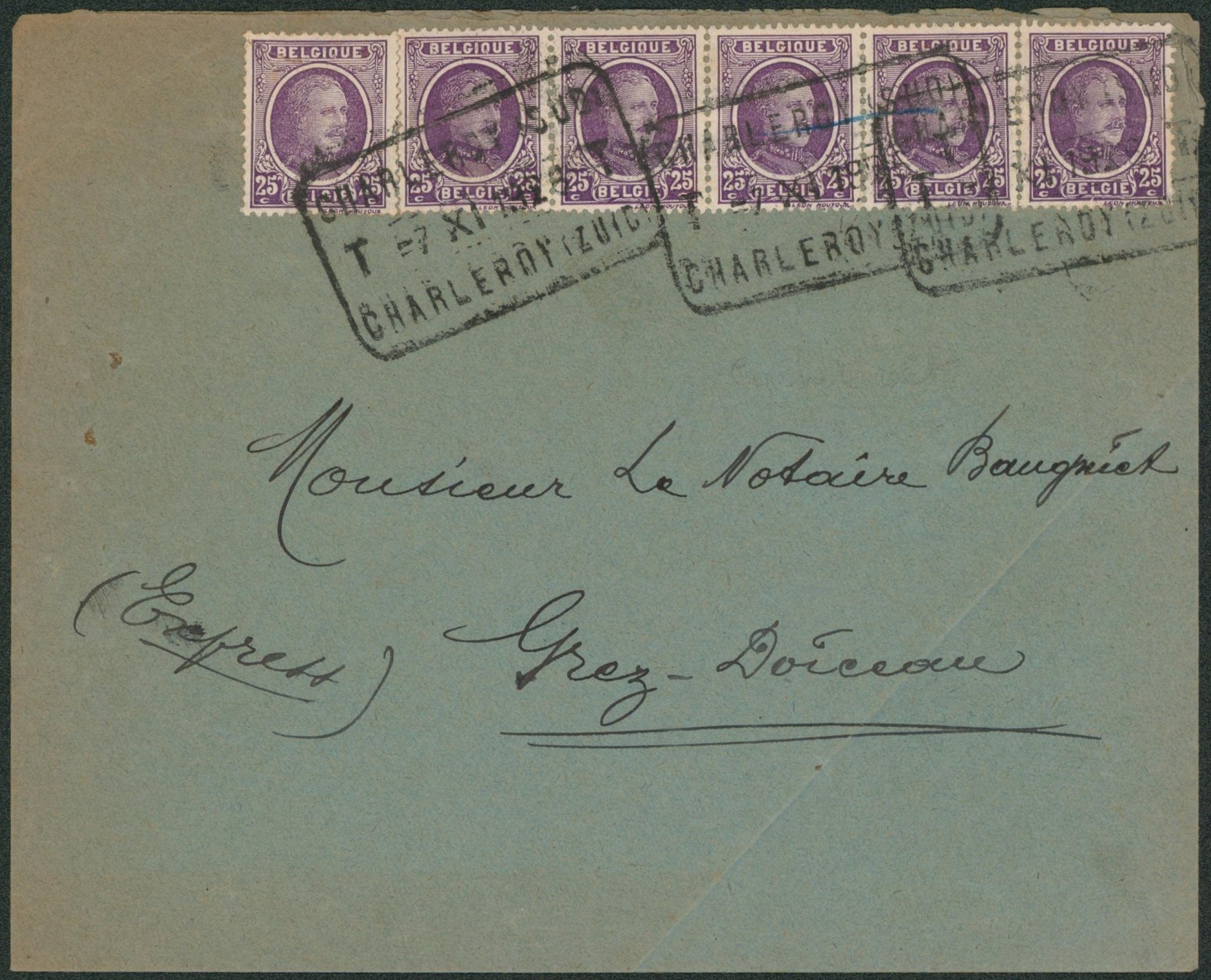 Houyoux - n°198 x6 sur lettre en expres obl télégraphe-téléphone "Charleroi-sud" > Grez-doiceau. TB