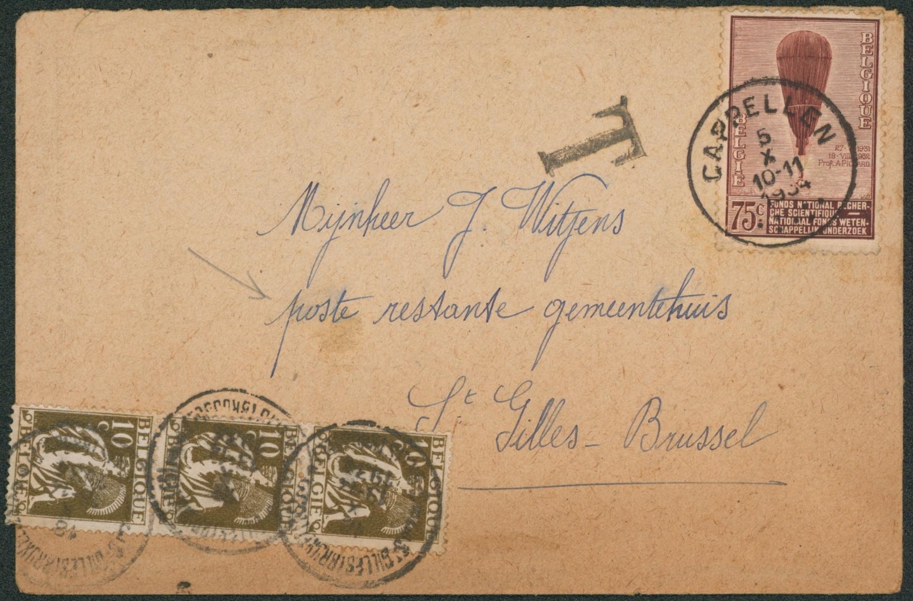 Ballon piccard - n°353 sur lettre expédié de Cappellen (1934) > poste restante à St-Gilles + n°337 en bande de 36 utilisé en timbre taxe pour poste restante.