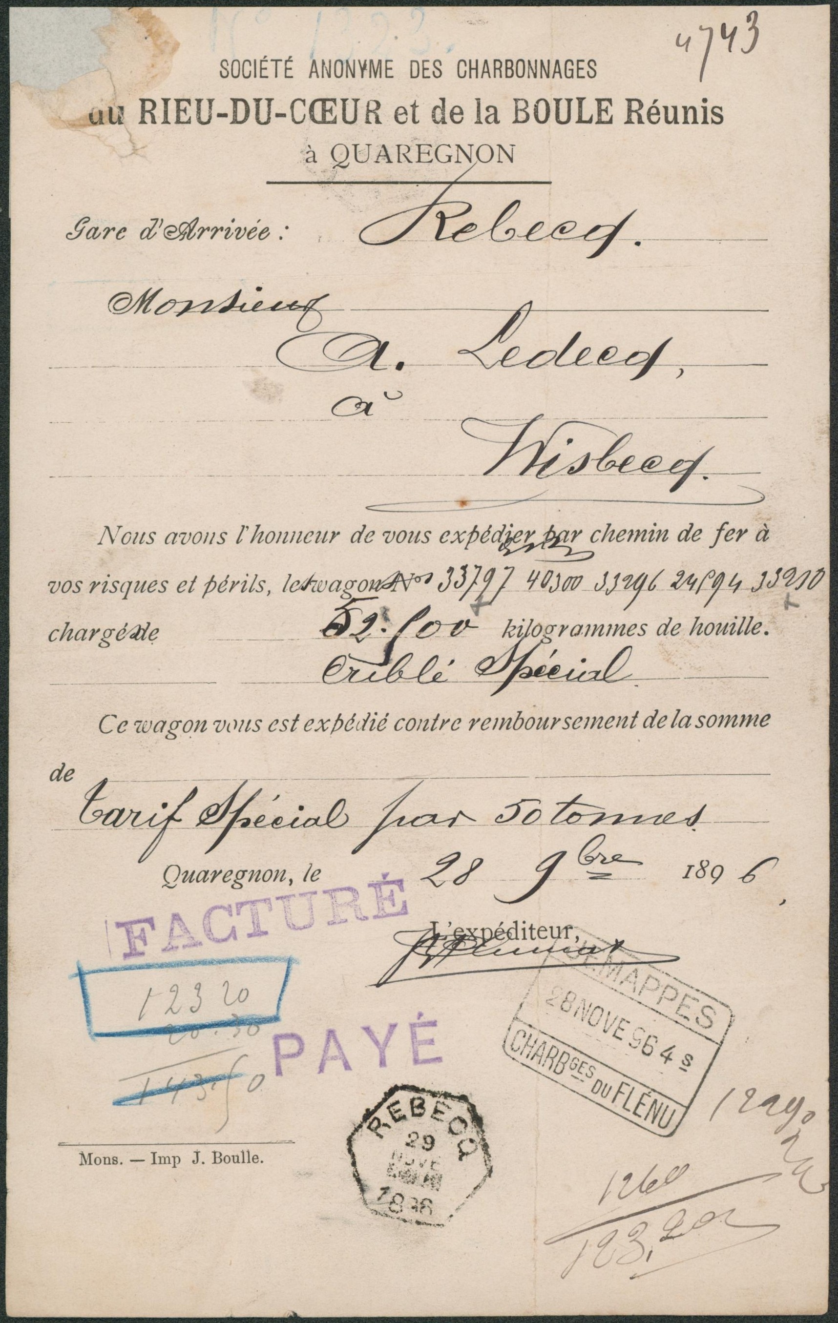 Chemin de fer - Lettre de voiture obl. Rect. De raccordement JEMAPPES / CHARBONNAGES DU FLENU + hexagonal "Rebecq". TB
