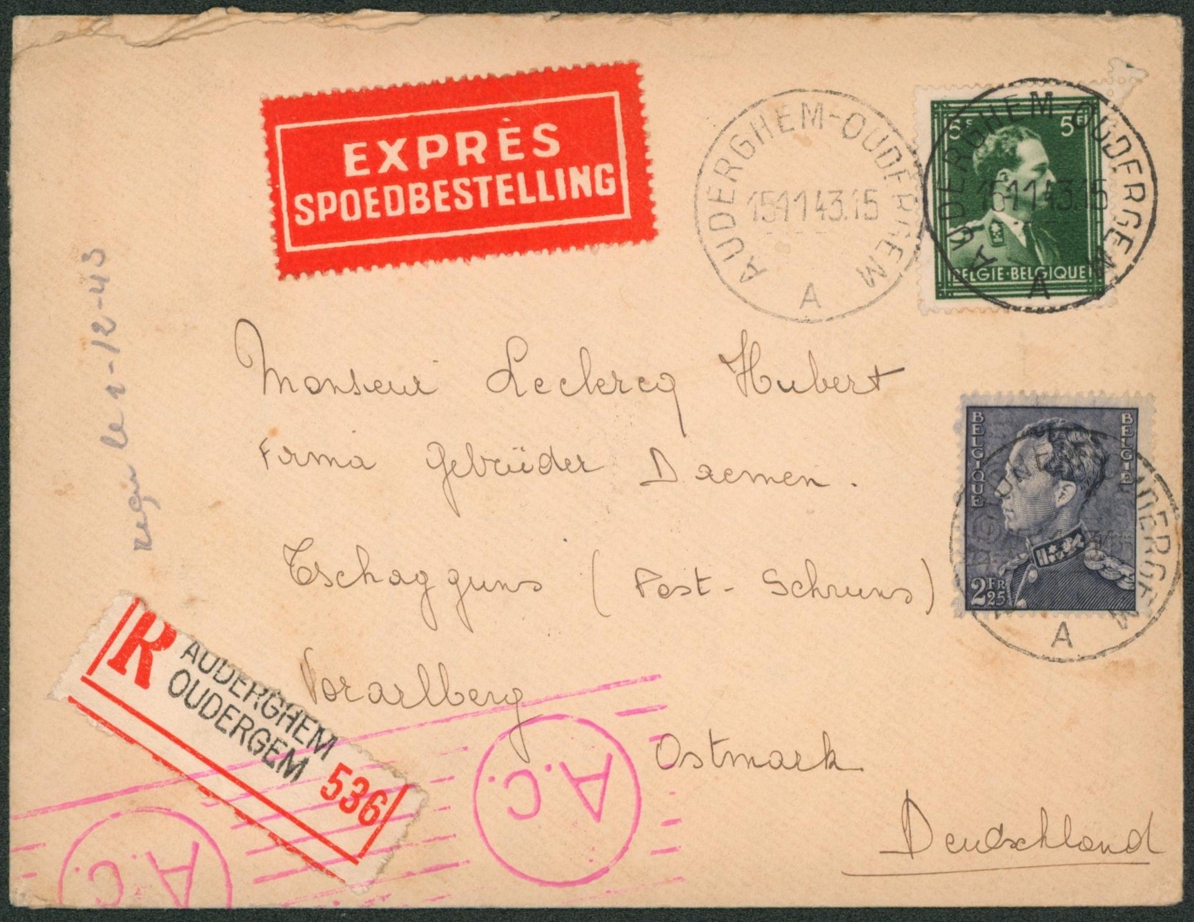 n°529 + 646 sur lettre en expres en recommandé de Auderghem / Oudergem + censure A.C. > Ostmark (Allemagne)