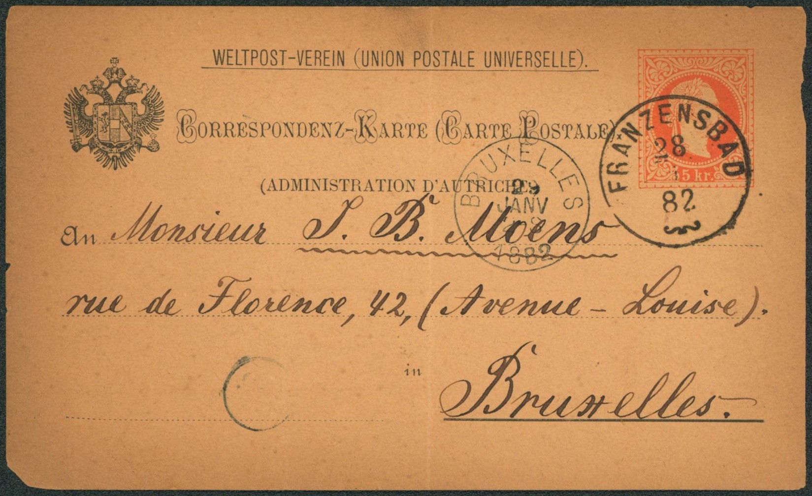 Négociant en timbre -  entier autrichien type 5 Kr. Expédié de Franzensbad > J.B. Moens à Bruxelles