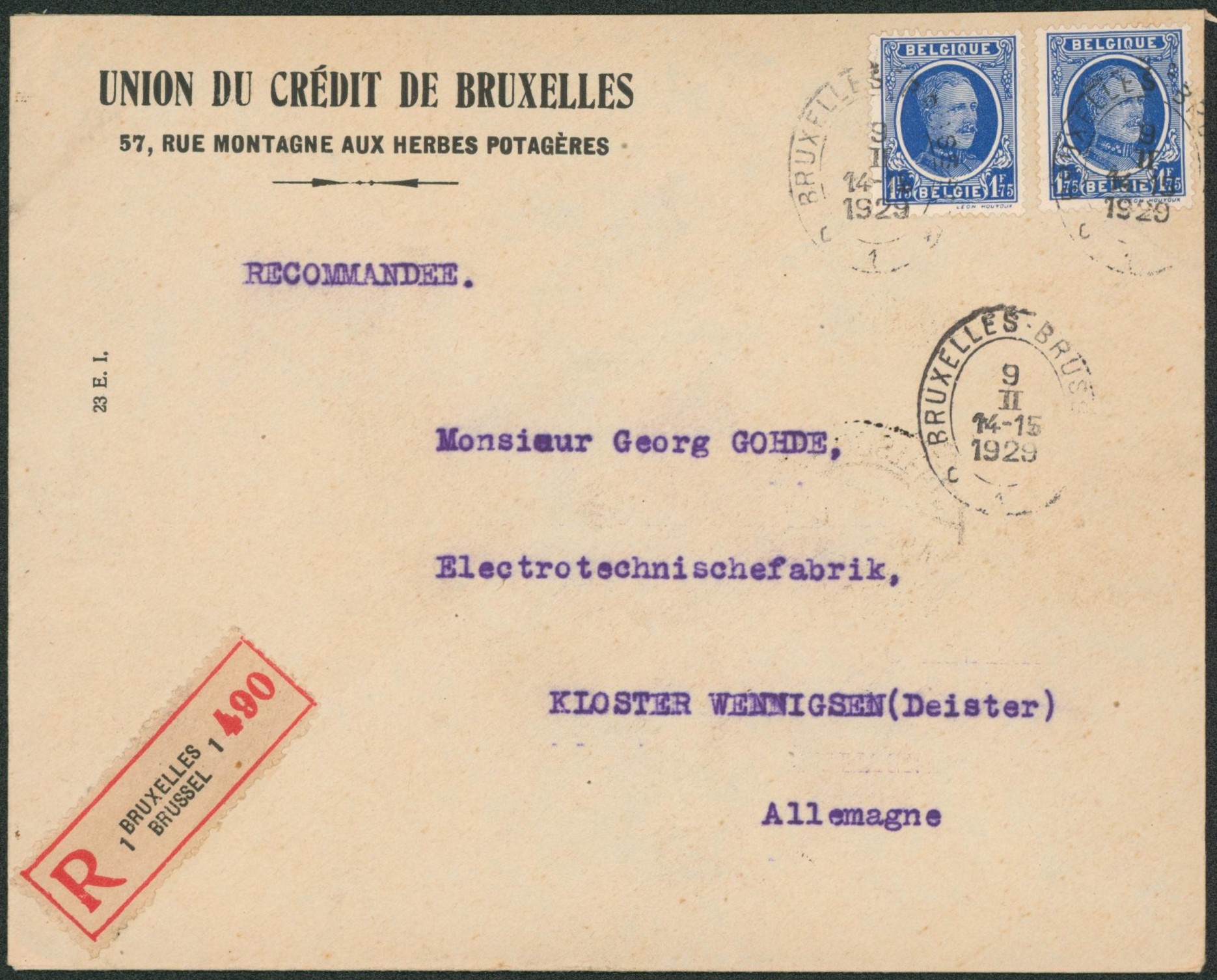 Houyoux - n°257 x2 sur lettre en recommandé + obl elliptique "Bruxelles-Brussel" > Allemagne. TB