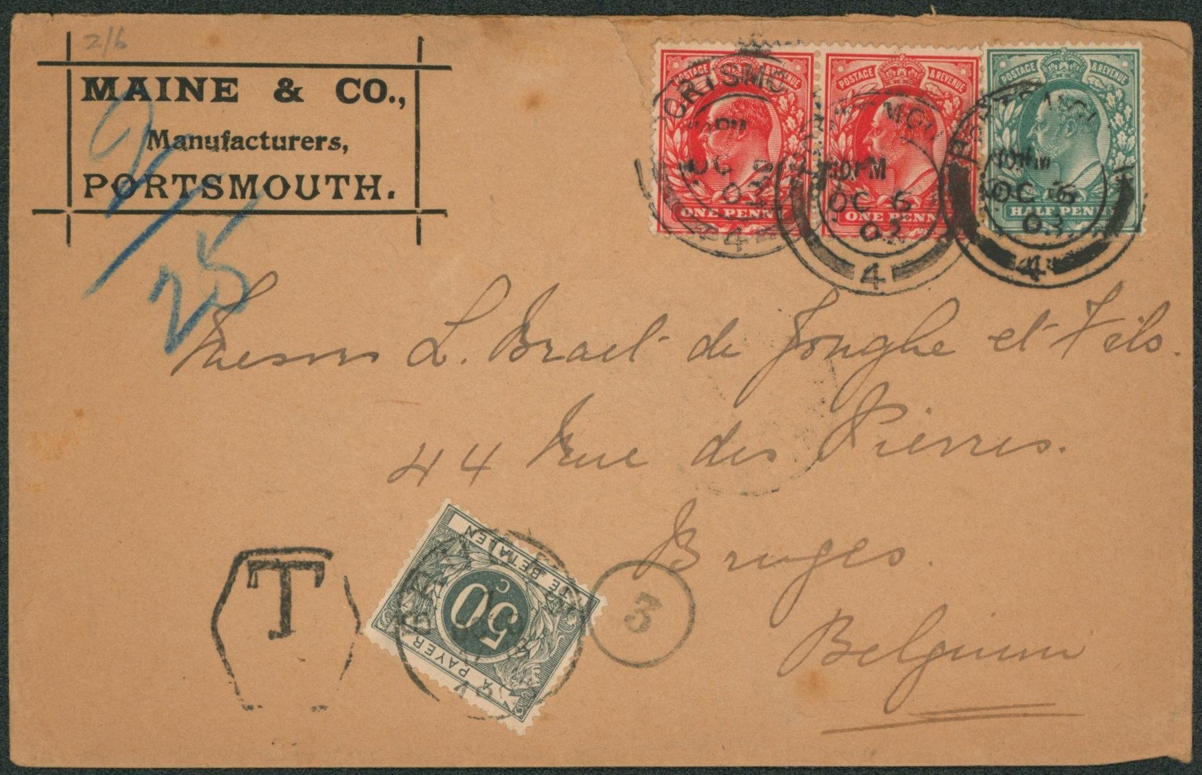 Angleterre - Affranch. Mixte 2P5 sur lettre expédié de Portsmouth > Bruges + TX9.
