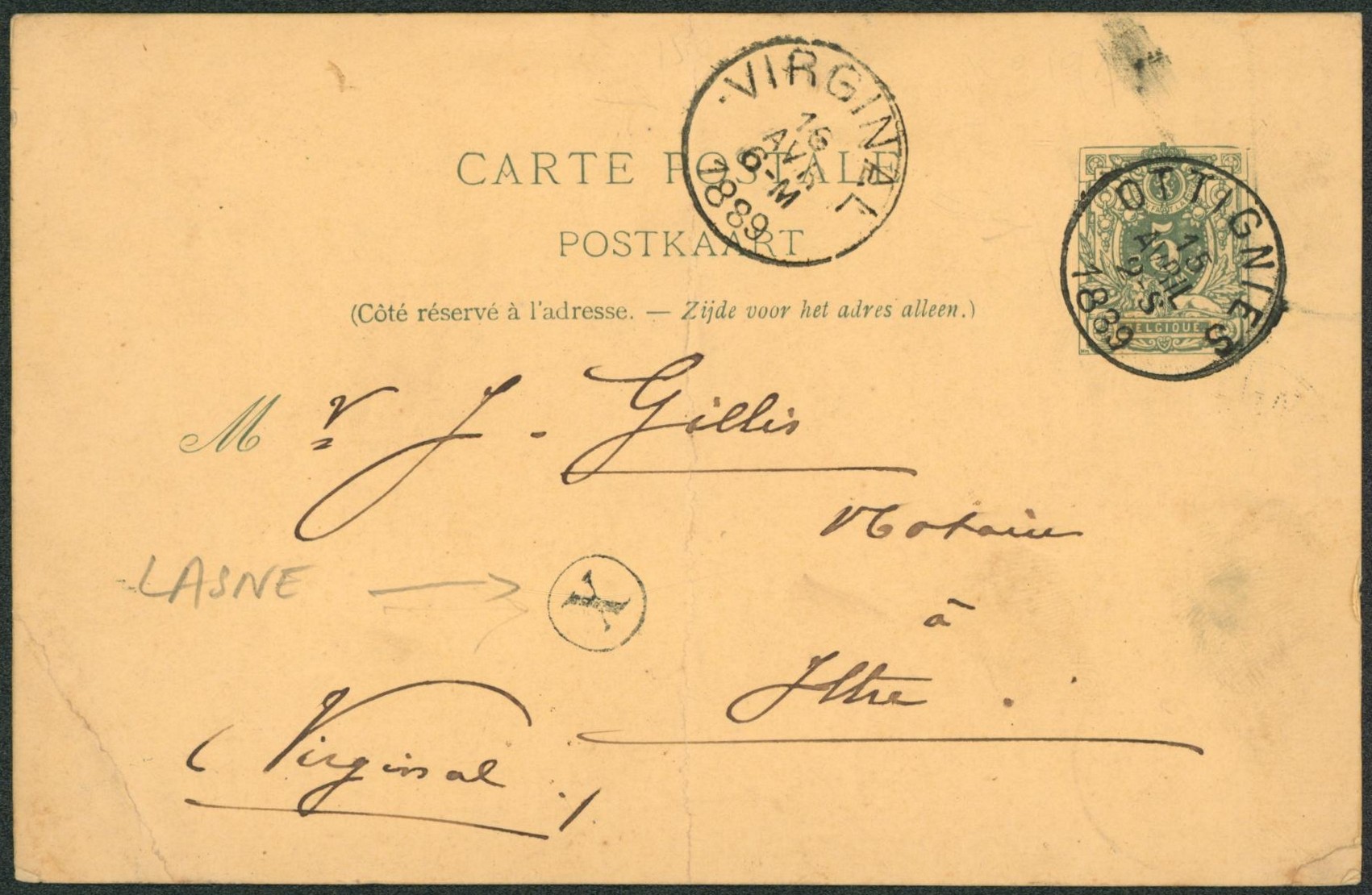 EP au type 5ctm vert obl simple cercle "Ottignies" + boite rurale "X" (Lasne) > Ittre / Pli vertical.
