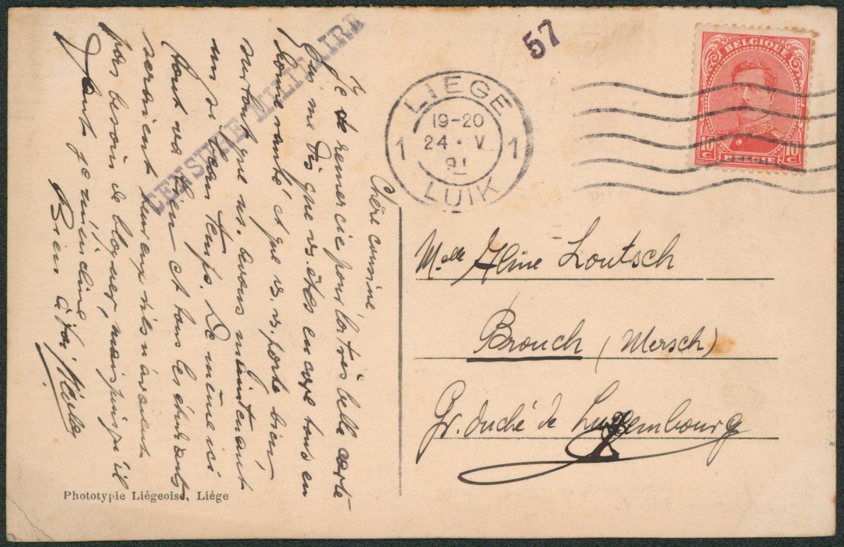 n°138 sur CP obl mécanique "Liège / Luik" (1921) + CENSURE MILITARE 57 > Gd duché du Luxembourg.