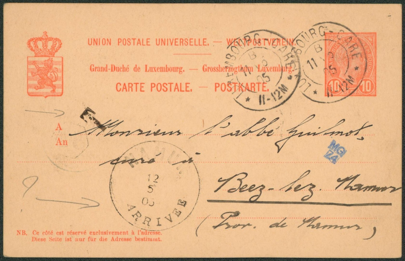 Luxembourg - EP au type 10C expédié de Luxembourg (gare) > Beez-lez-Namur + cachet essai de Namur çàd "Namur / Arrivée" (Diam. 31mm, inconnu dans la littérature). R !