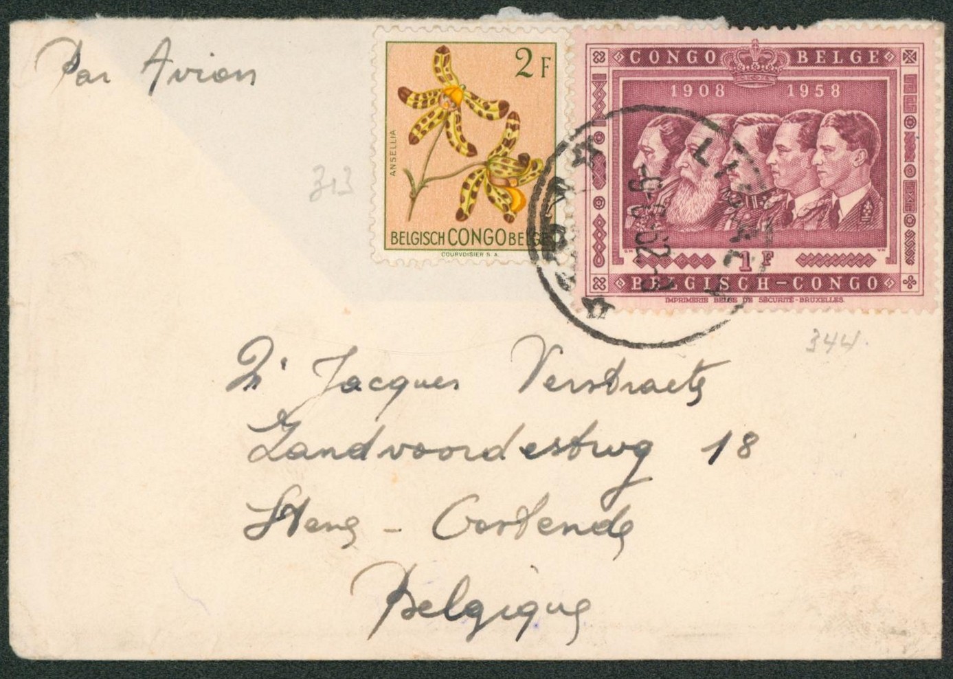Congo Belge - Affranch. Mixte sur petite enveloppe par avion de Lisala > Gent