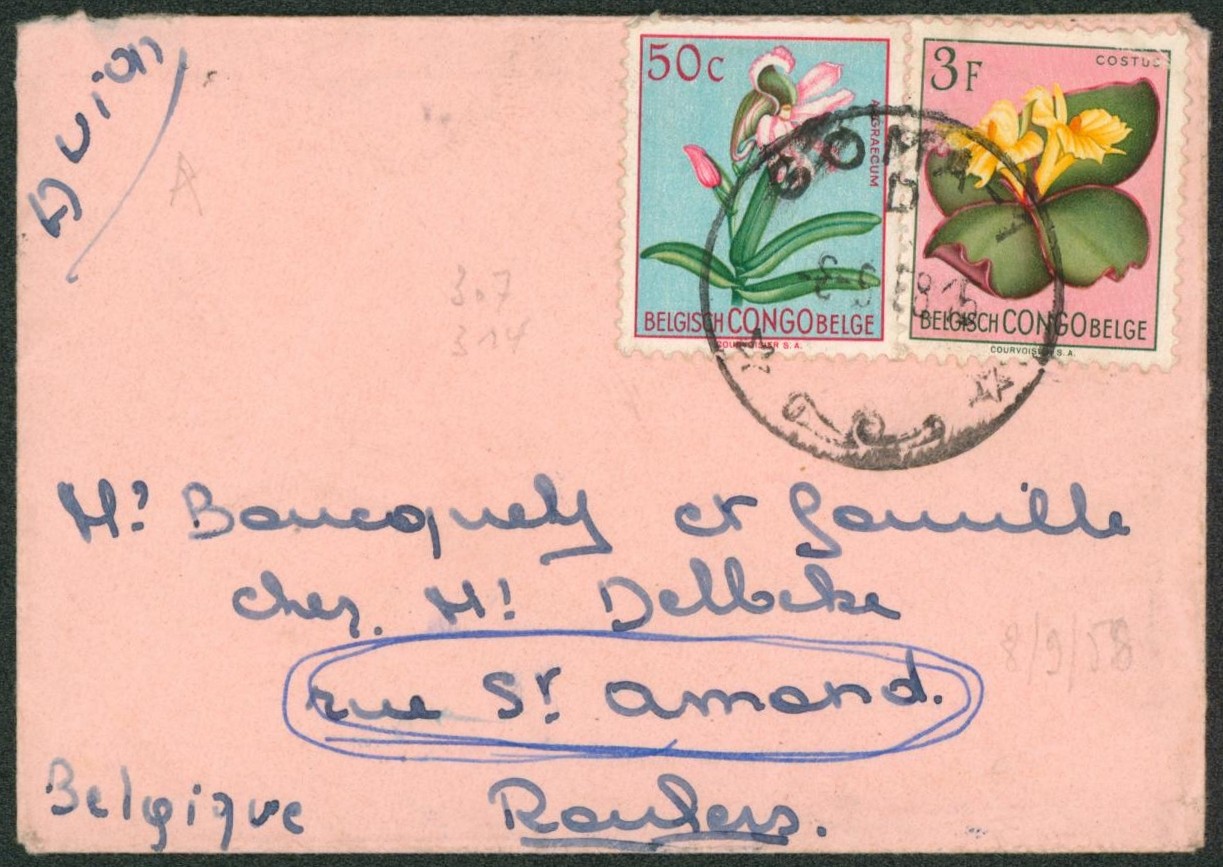 Congo Belge - Affranch. Fleur sur petite enveloppe expédié de Goma-1 / D > Roulers
