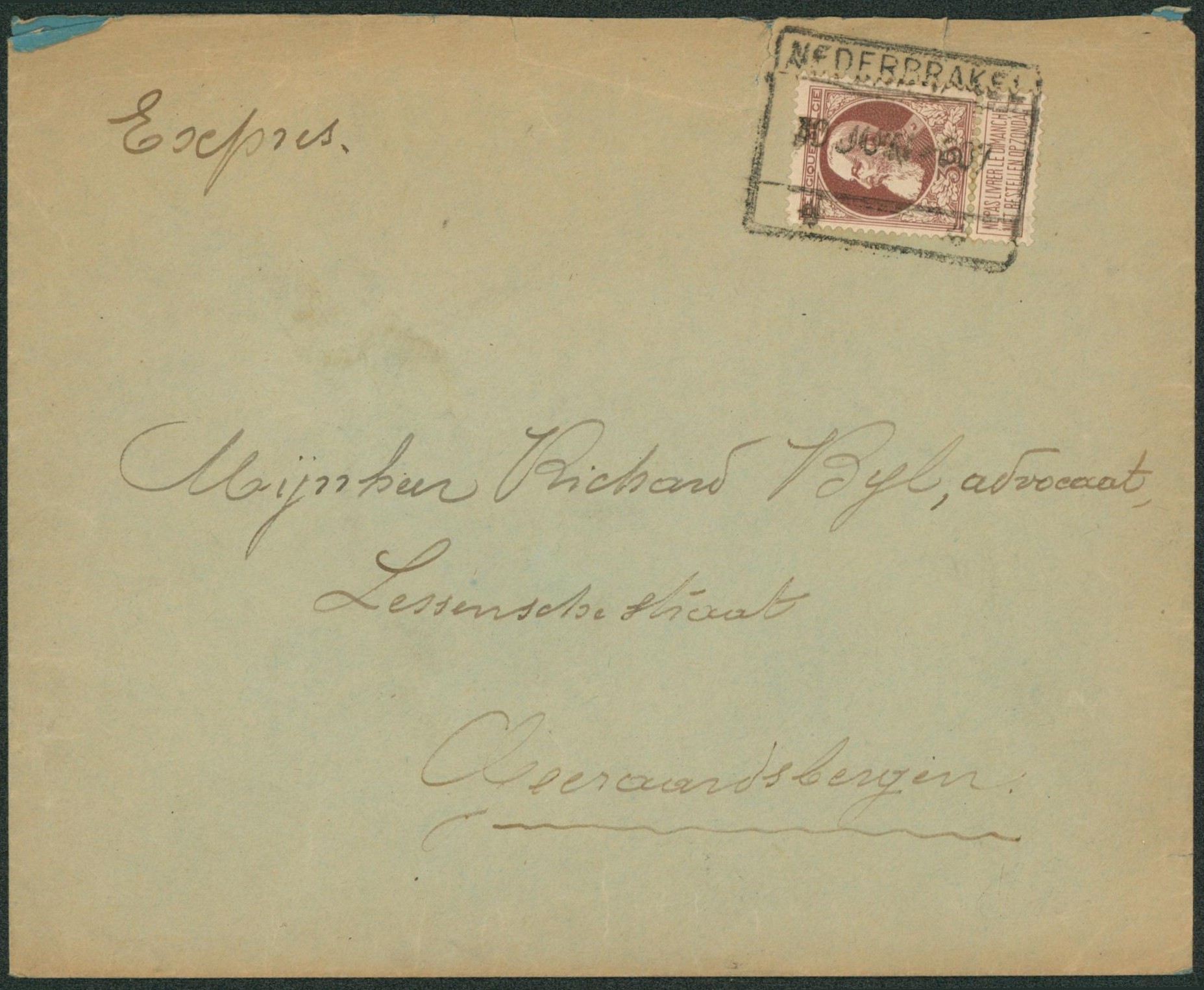 n°77 sur lettre en expres obl chemin de fer NEDERBRAKEL > Geeraasbergen