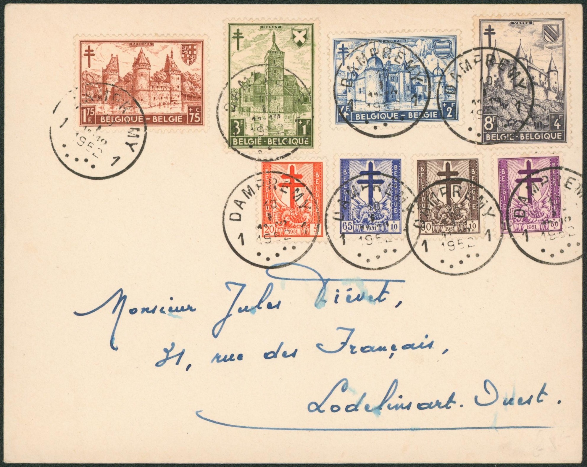 Antitberculeux (chateaux) - n°868/75 série complète sur lettre obl DAMPREMY