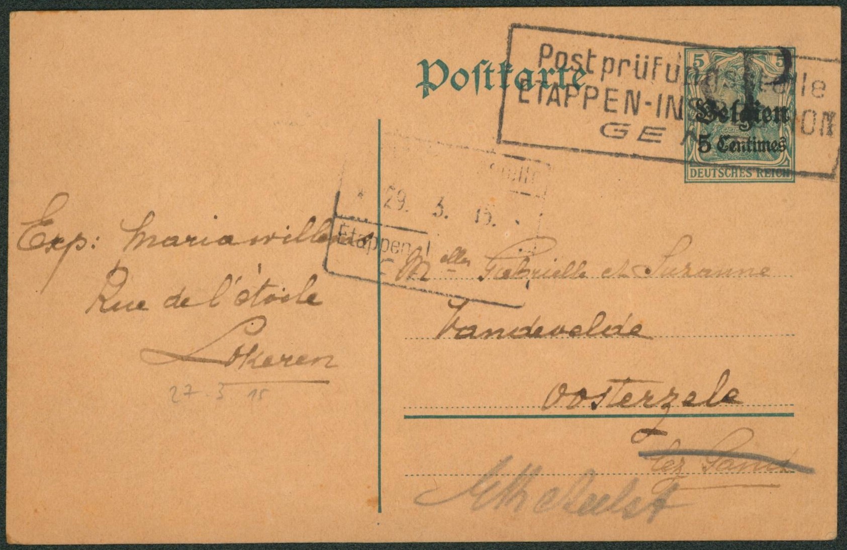 EP au type 5ctm vert (1915, origine Lokeren) annulé par censure encadré GENT > Oosterzeele-lez-gand