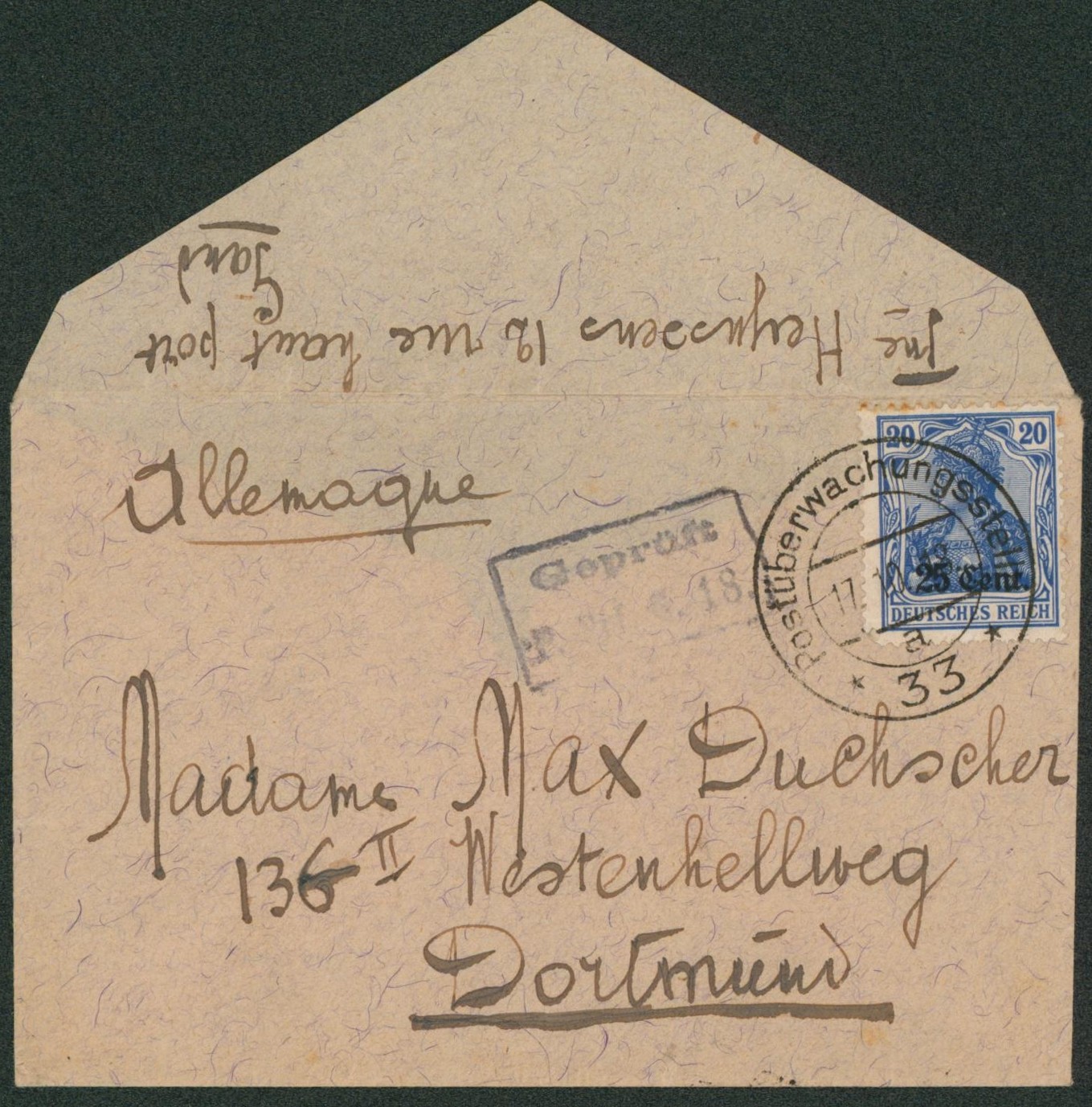 OC31 sur petite enveloppe obl double cercle "Postuberwachungstelle 33" + gepruft P. Prf. G.18 > Dortmund (Allemagne)