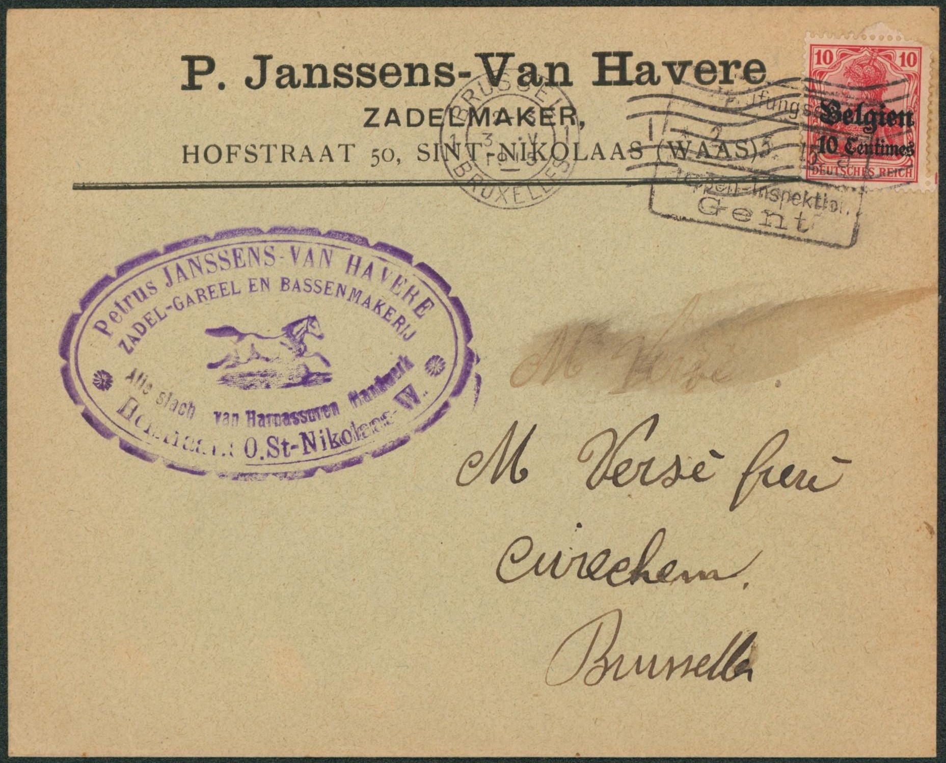 OC3 sur lettre à en-tête (zadelmaker Sint-Nikolaas-Waas) expédié de Bruxelles + cachet privé (Zadel-gareel en bassenmarkerij, sellerie, cheval ! SuP) > Cureghem