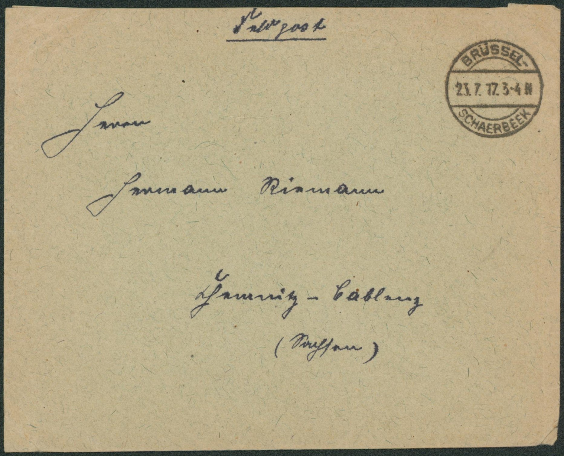 Lettre en feldpost + cachet à pont "Brussel / Schaerbeek" (1917) > Allemagne. TB