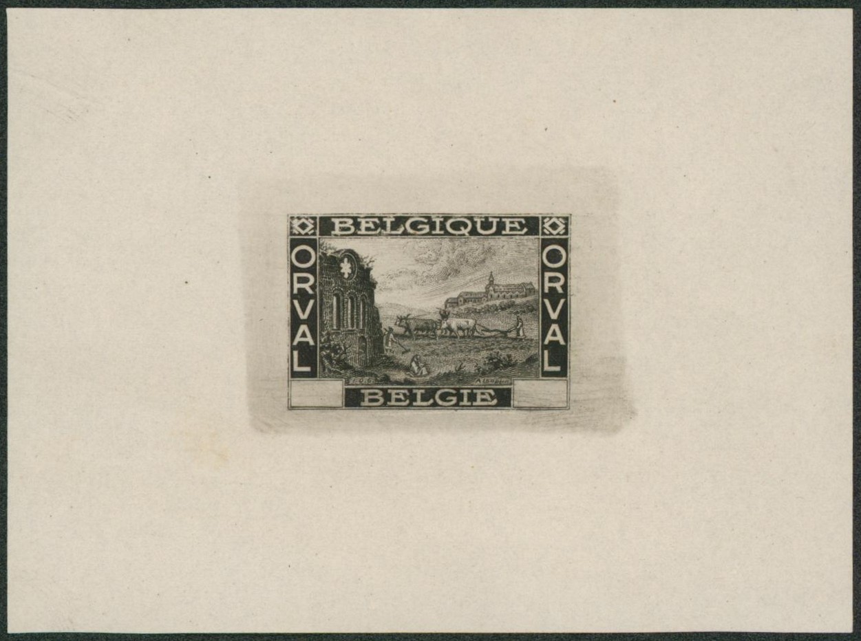 Essai - épreuve des coins (achevé sans indication de la valeur) type Ruine noir STES 3379. Feuillet 10,5 x 7,5cm ! / première Orval