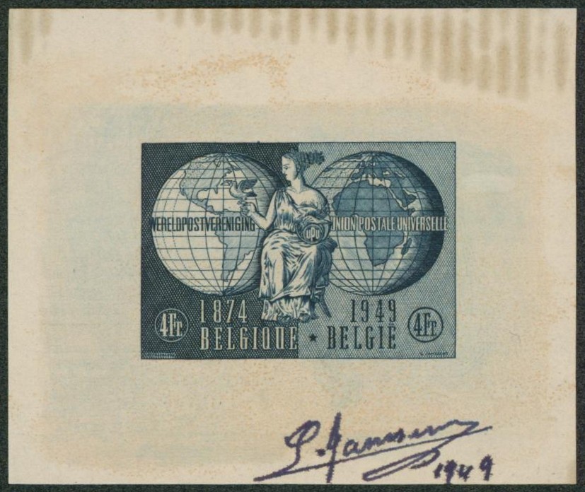 UPU (Berne) - Essai en petit feuillet au type n°812 (couleur adoptée) + Signature "L. Janssens" (1949). Rare