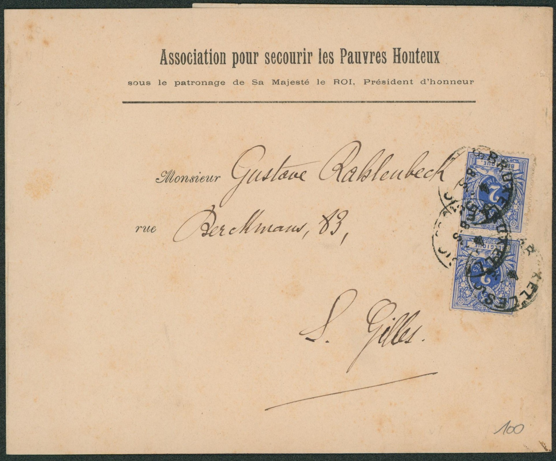 n°27 en paire verticale sur bande imprimée (complète, association pour secourir les pauvres honteux) de Bruxelles > St-Gilles. TB et R