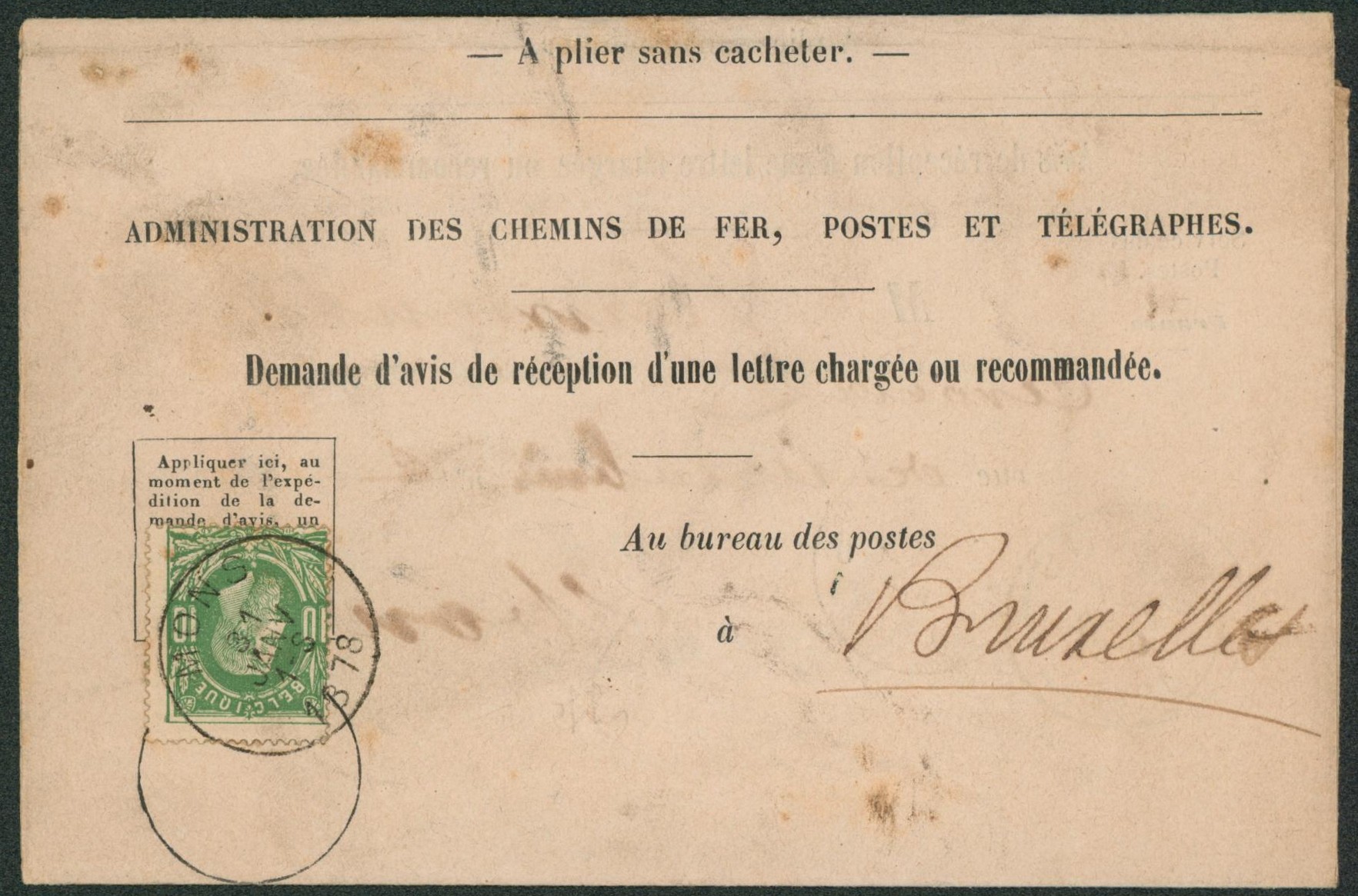 n°30 sur imprimé "Administration des chemins de fer" de mons > Bruxelles / Lettre chargée