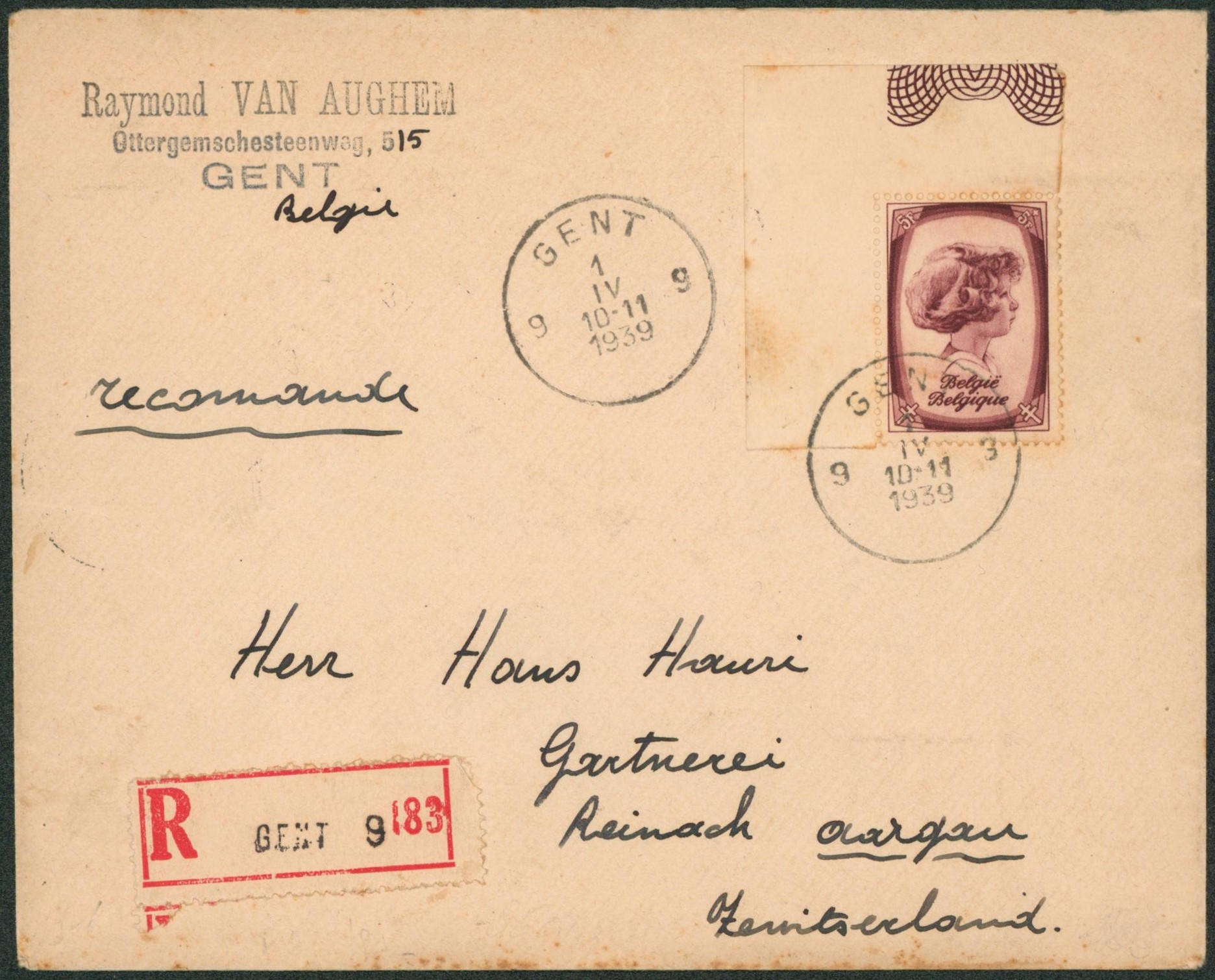 n°495 seul sur lettre (coin de feuille) en recommandé de Gent > Aargau (Suisse). TB / Vignette antituberculeux au verso