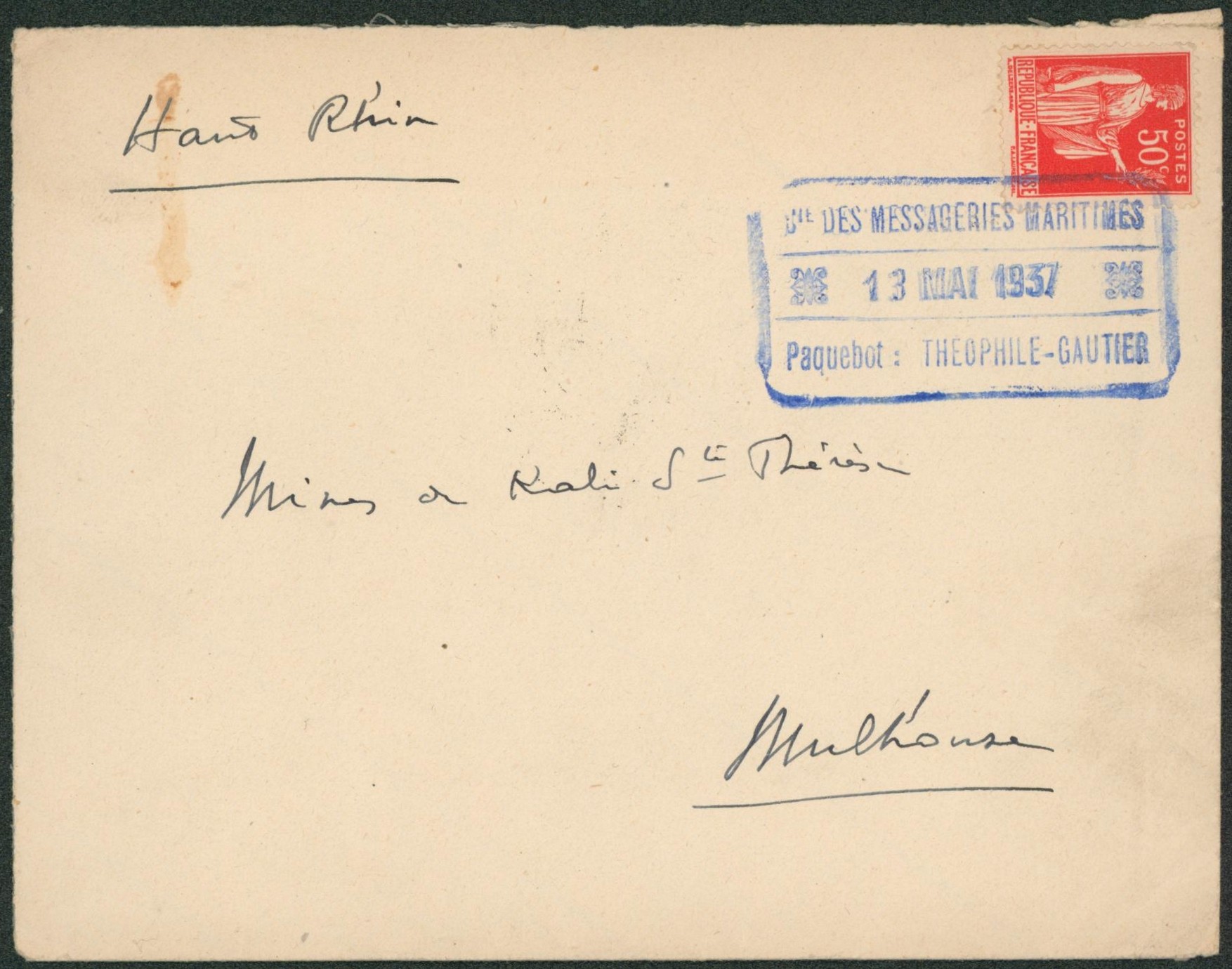France - Type Paix 50C sur lettre annulé par grand encadré "Cie des messageries maritimes / Paquebot THEOPHILE-GAUTIER" > Mulhouse