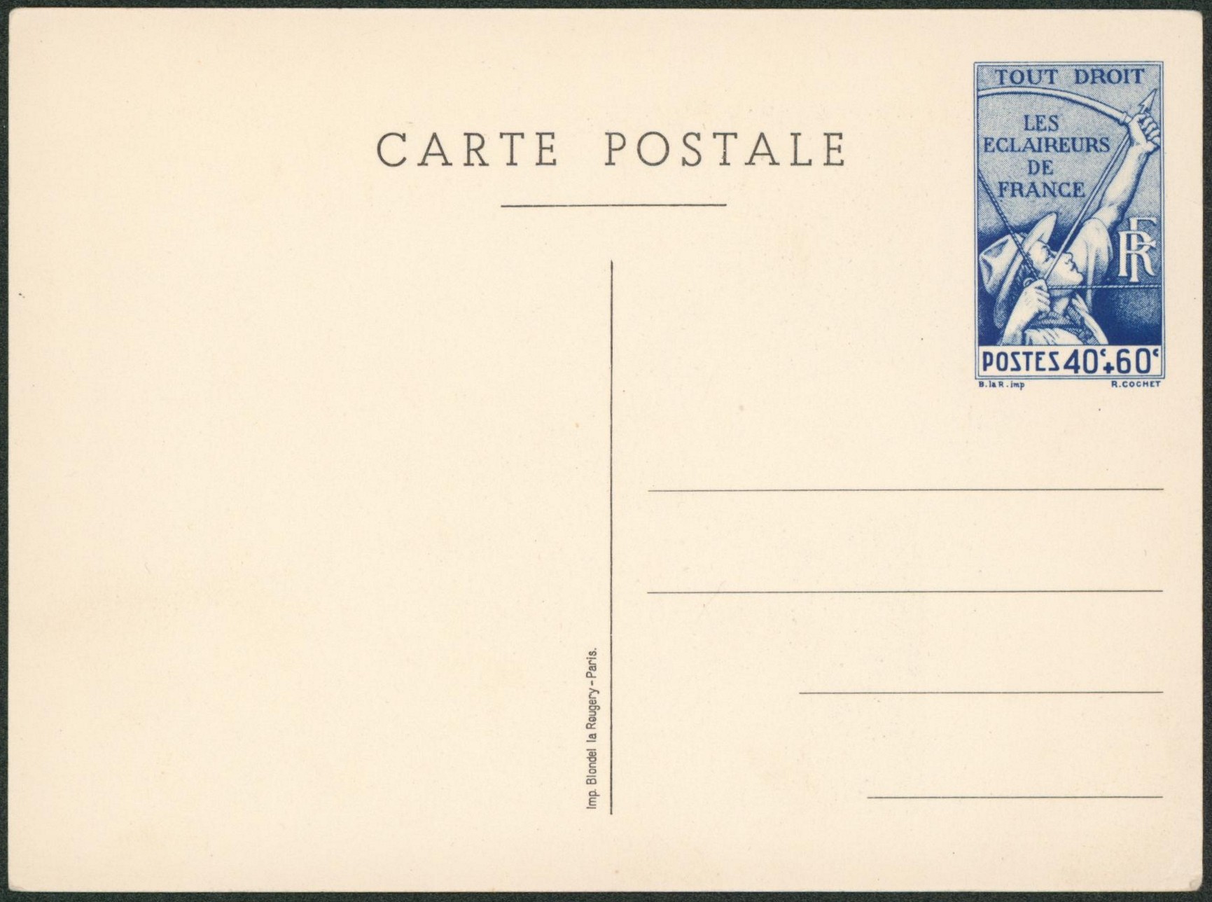 France - EP au type carte postale illustrée 40Fr bleu "les éclaireurs de frances" Neuf (Scout, scoutisme).