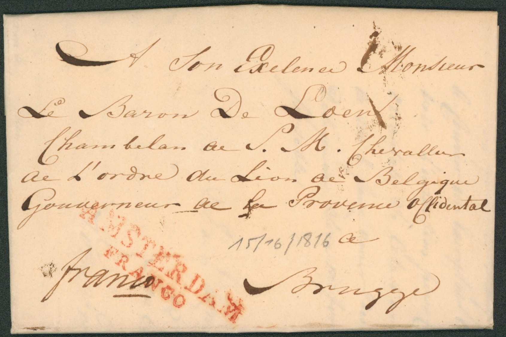 LAC datée de Amsterdam (1816) + griffe rouge AMSTERDAM / FRANCO > Brugge, baron de Laon.