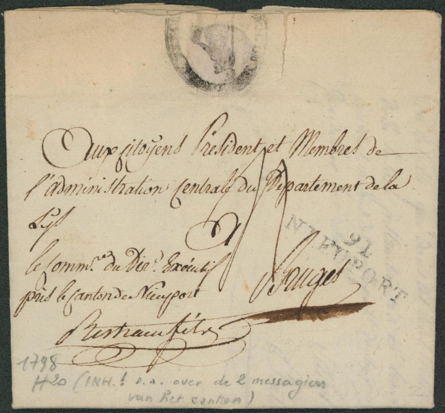 LAC datée de Nieuport (1798) + sceau noir (administration) obl 91 / NIEUPORT, port "4" > Bruges