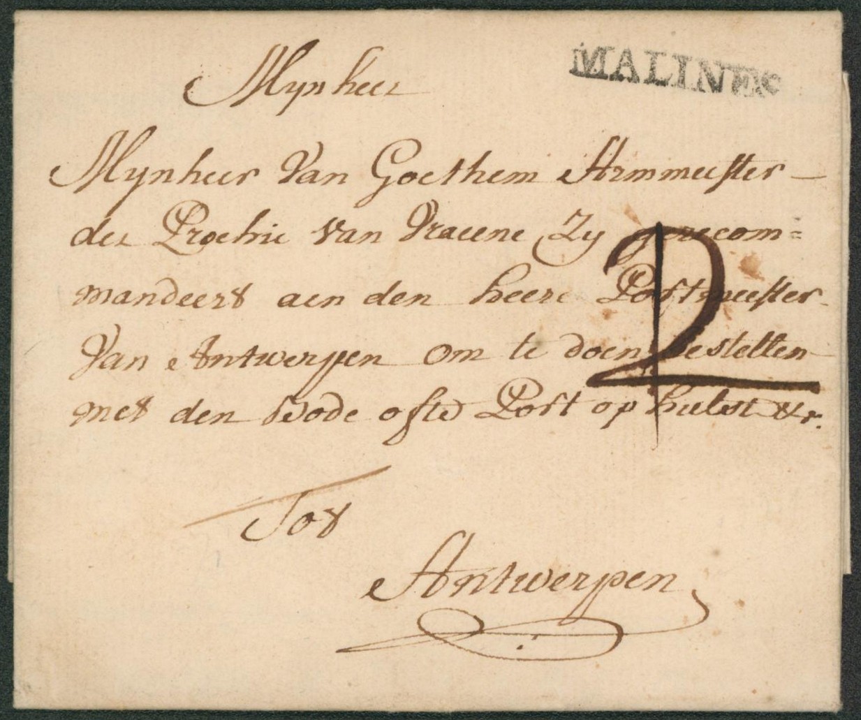 LAC datée de Mechelen + obl linéaire MALINES, port rectifié I en 2 sols > Antwerpen. TB