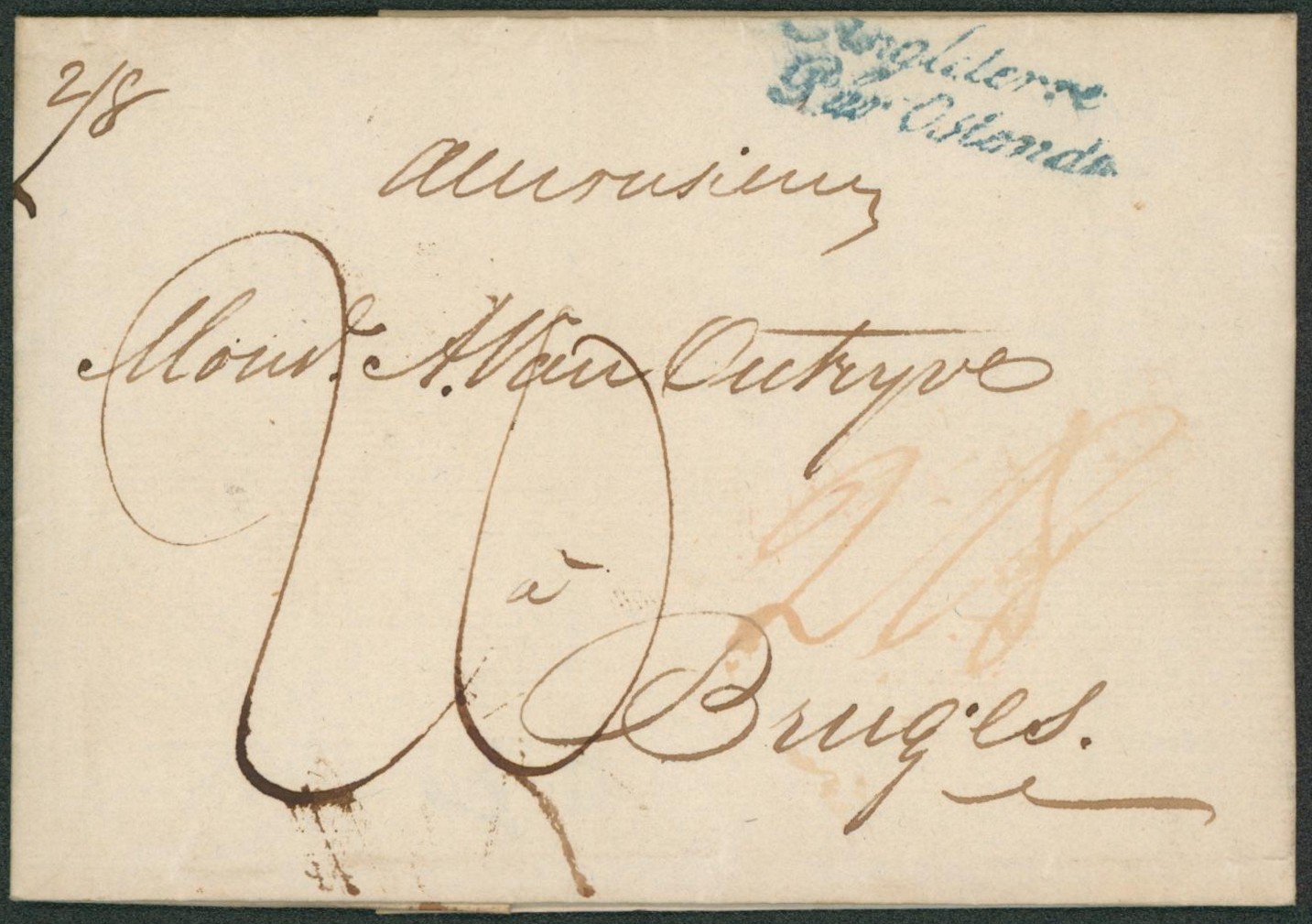 LSC expédié de London (1816) + griffe bleu (passage) "Angleterre par ostende" > Bruges, port "20"