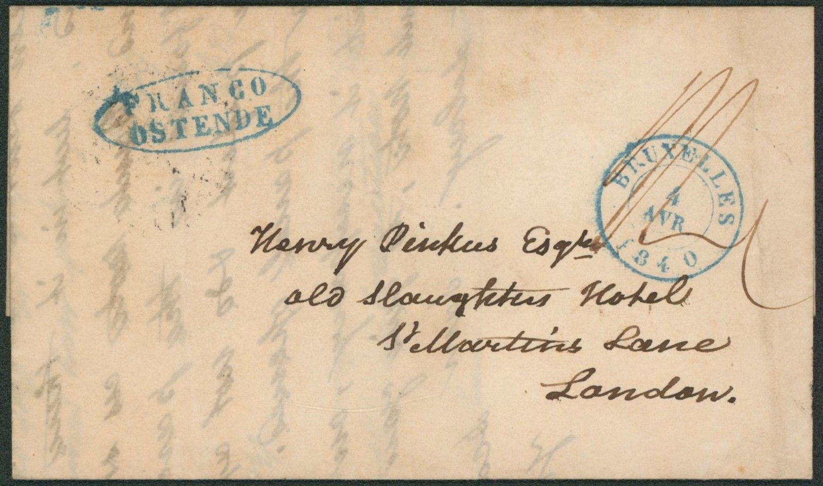 LAC datée de Bruxelles + cachet dateur (1840) + oval (bleu) "FRANCO / OSTENDE" > London (Angleterre).