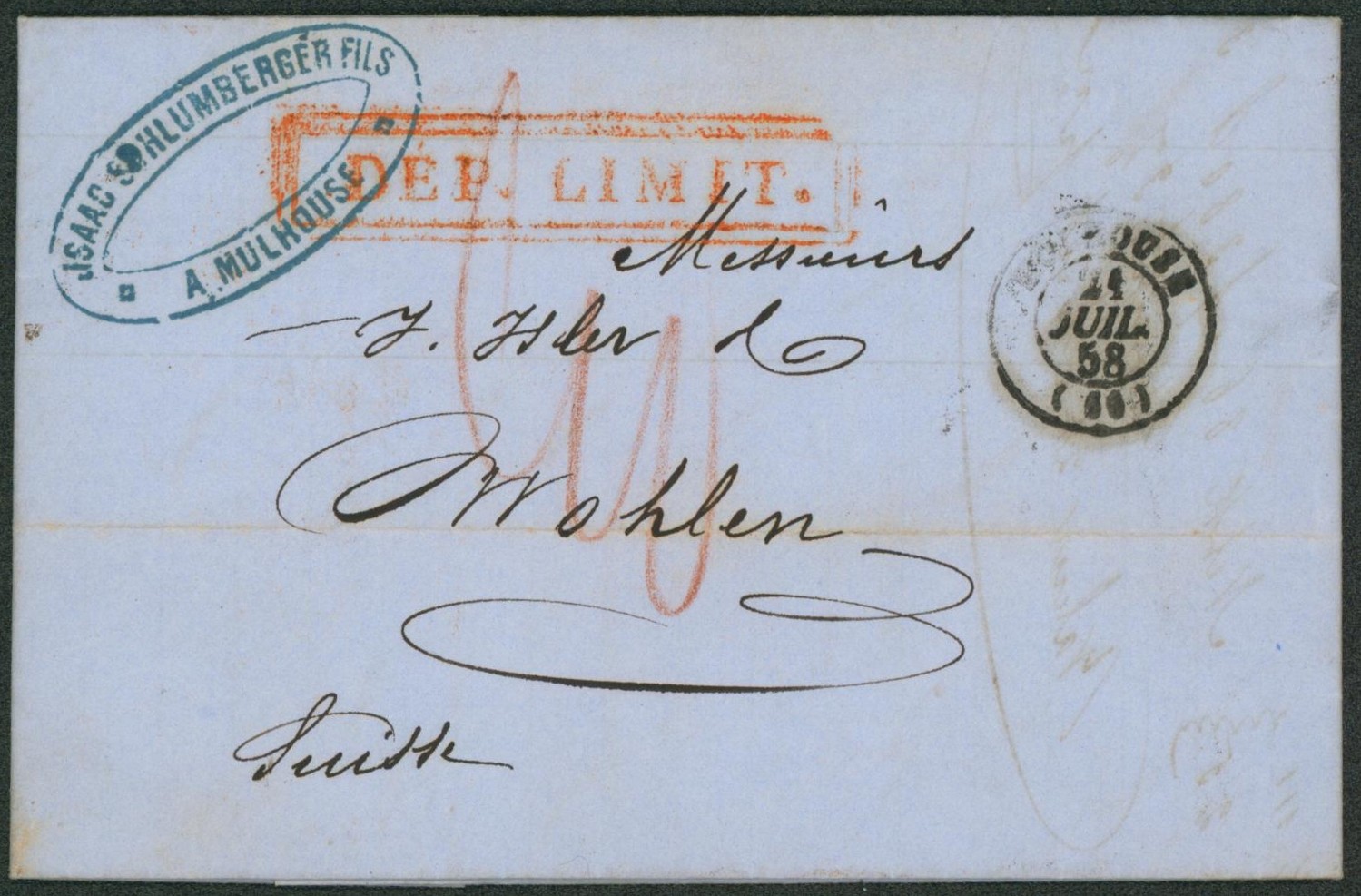 LAC non affranchie datée de Mulhouse (1858) tarif frontalier + encadré rouge "DEP. LIMIT." (rare), port 40 en rouge > Wholen (Suisse) + Passage Basel. TB