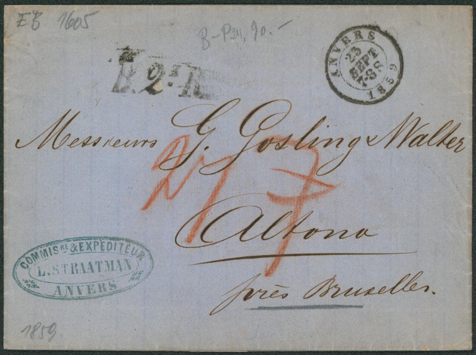 LSC + cachet dateur "Anvers" (1859) griffe de rayon B.2.R. (rayon prusse) > Altona. Verso cachet "K.D.O.A. Hamburg" (Bureau danois).