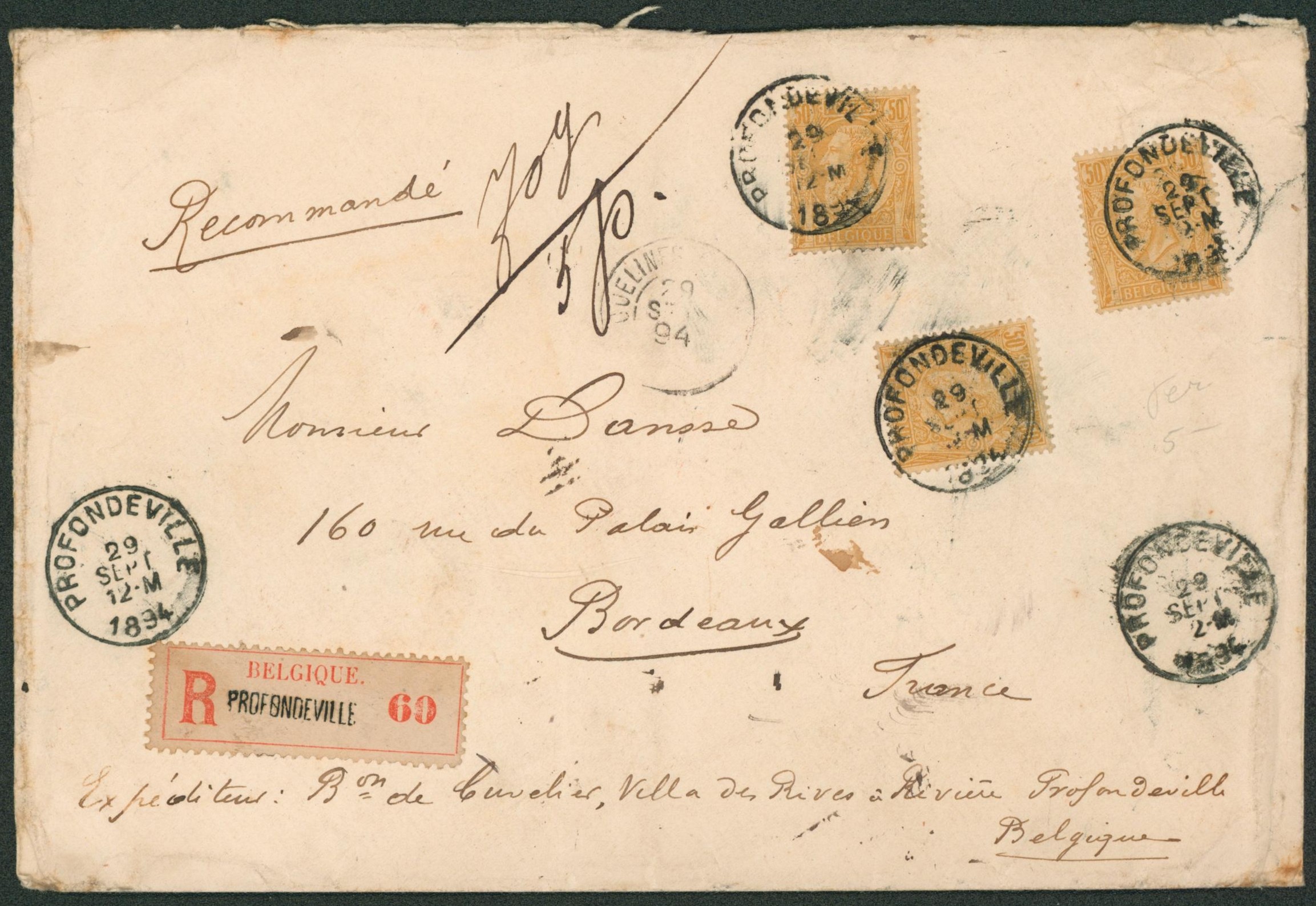 n°50 x3 sur lettre en recommandé (triple port) profondeville > Bordeaux (France) / Cachet de cire. Superbe !