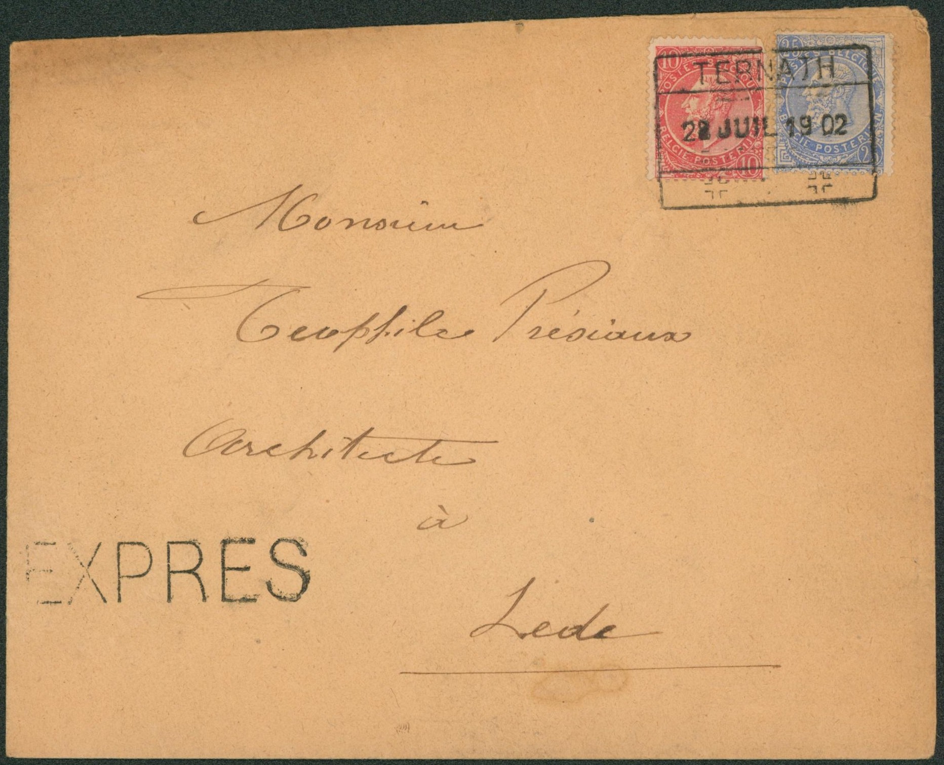 n°58 et 60 sur lettre en expres obl chemin de fer TERNATH > Lede. TB