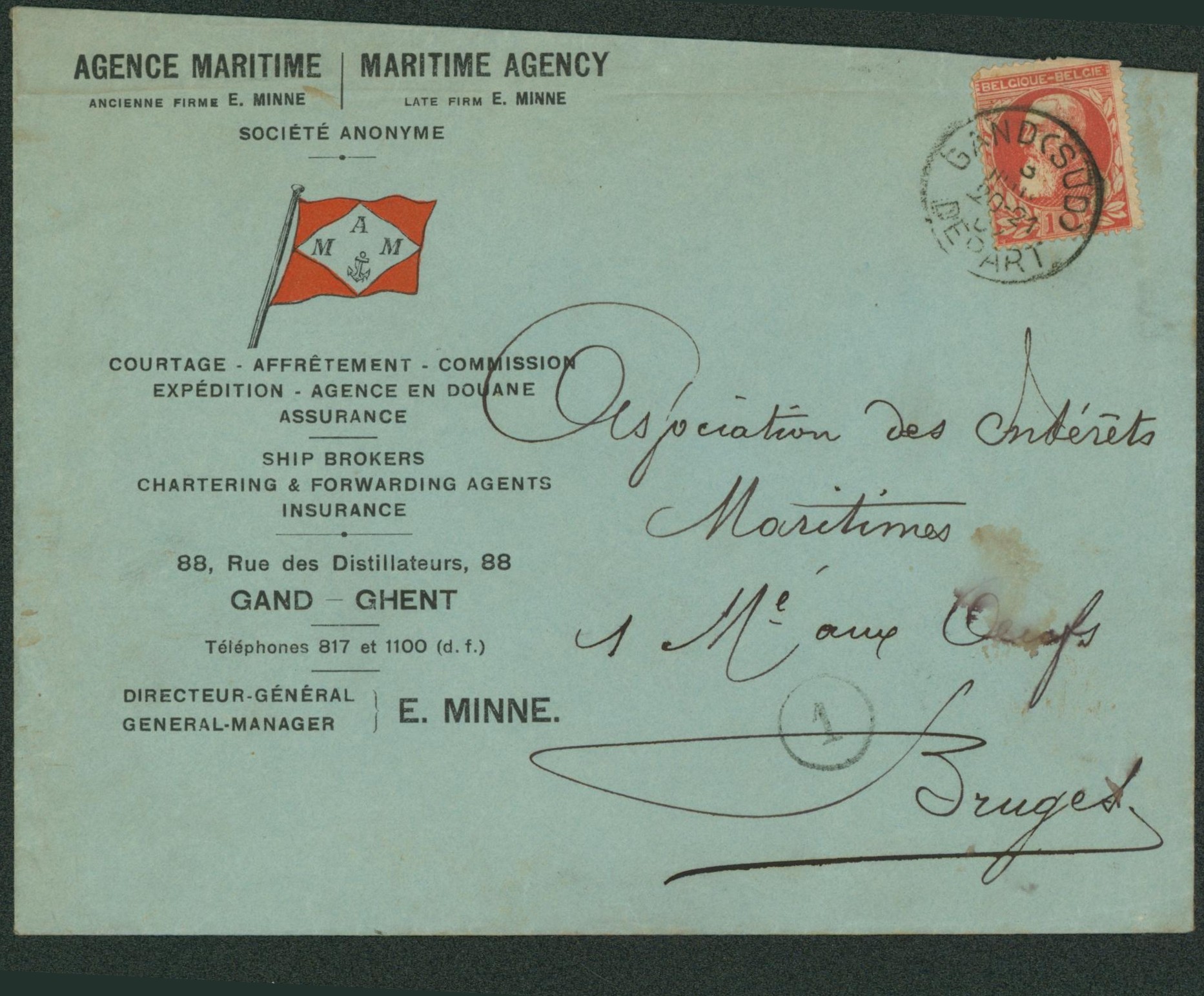 n°74 sur lettre à en-tête (agence maritime, courtage) de Gand > Bruges