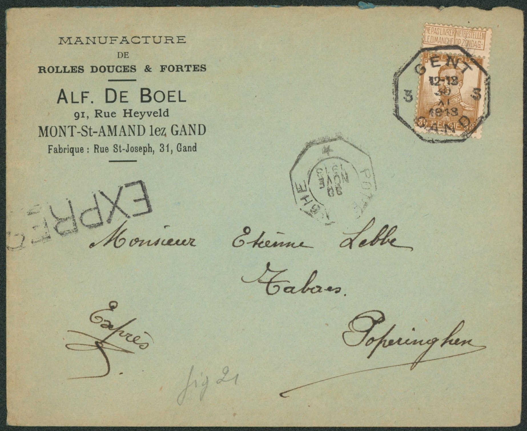n°113 sur lettre en expres de Gent / Gand (manufacture de rolles douces) > Poperinghe çàd arrivée télégraphique.