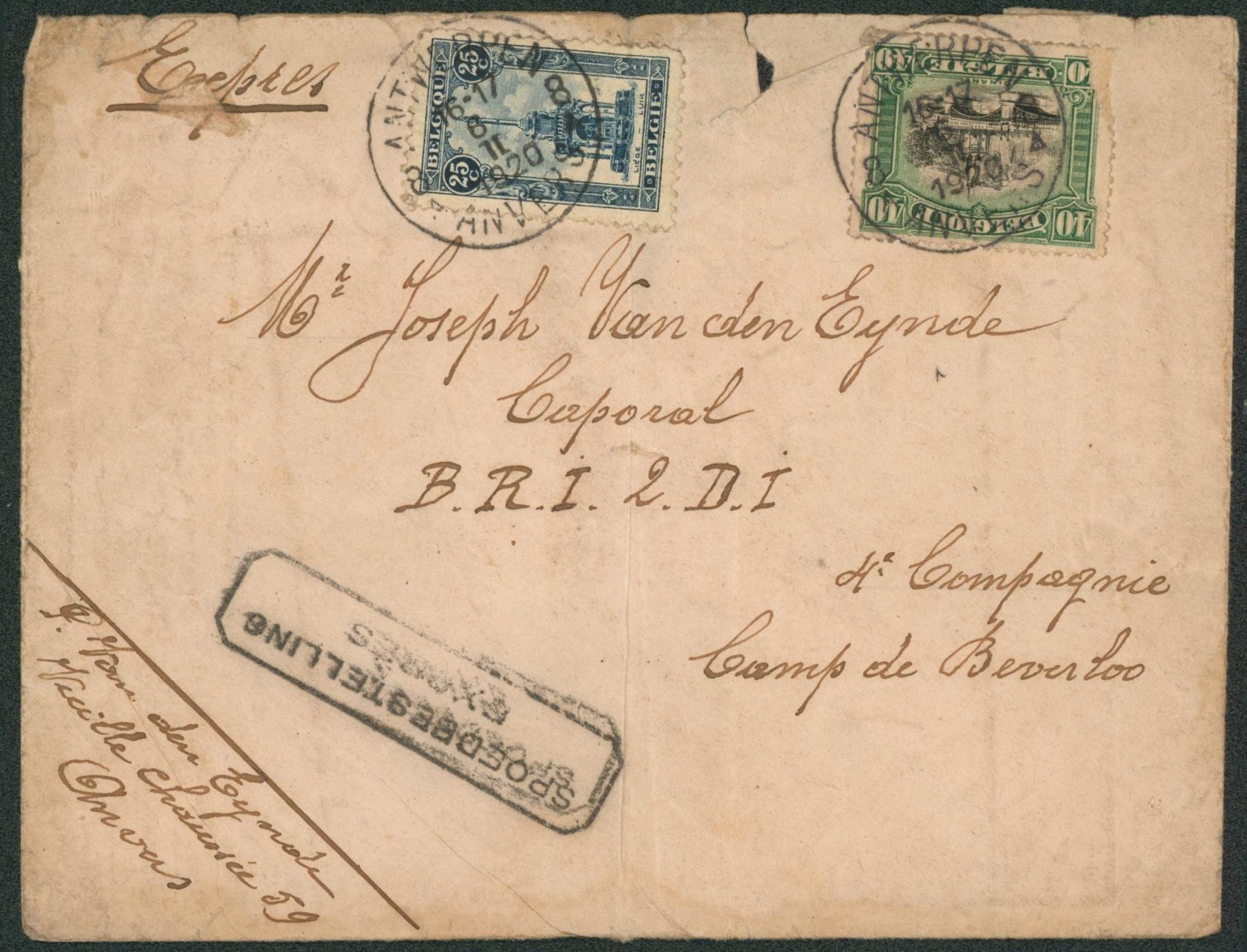 n°143 et Perron de liège sur lettre en expres çàd griffe bilingue de Antwerpen / Anvers > 4e Compagnie u camp de Beverloo.