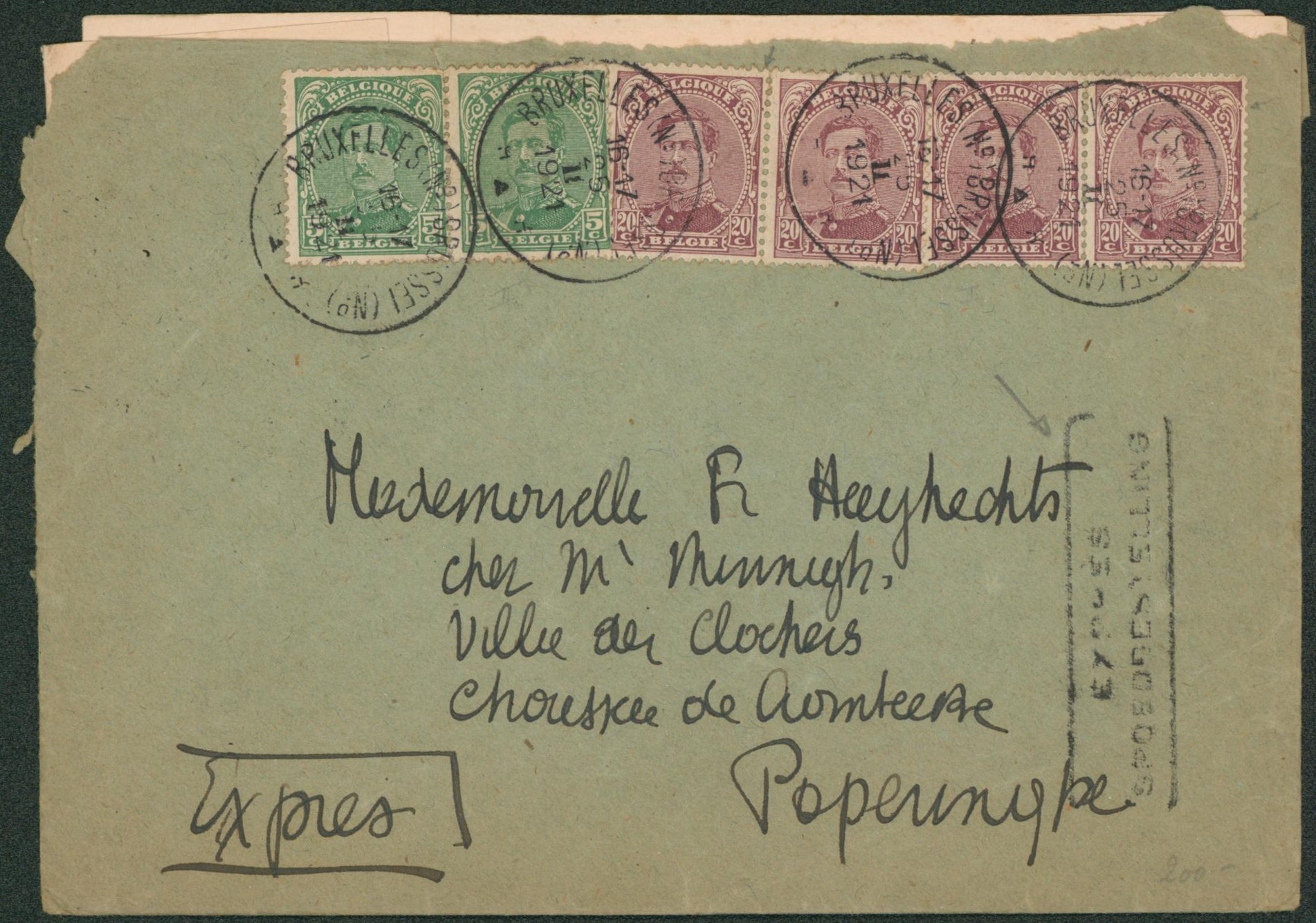 n°137 x2 et 140 x4 sur lettre en expres de Bruxelles > Poperinghe çàd arriv. Télégraphique
