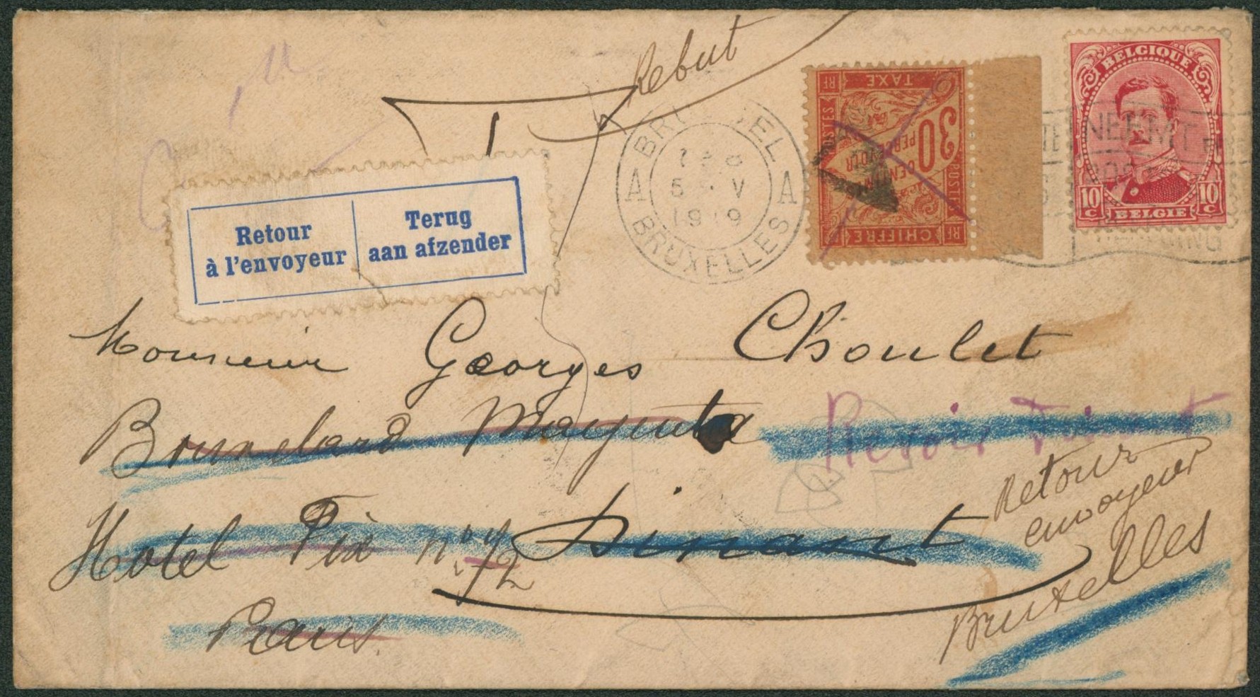 n°138 sur lettre expédié de Bruxelles > Dinant + manuscrit "parti sans laisser d'adresse", recherche à Paris, taxé à 30ctm annulé par une croix, rebut, retour à l'envoyeur.