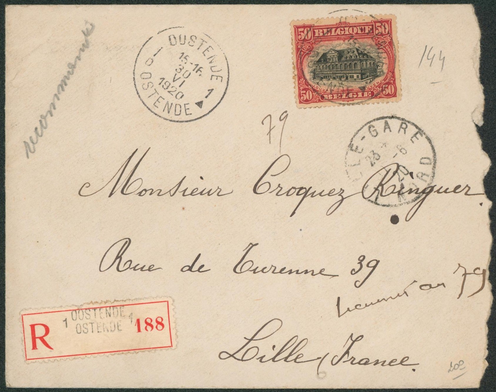 n°144 sur lettre en recommandé de Oostende / Ostende > Lille