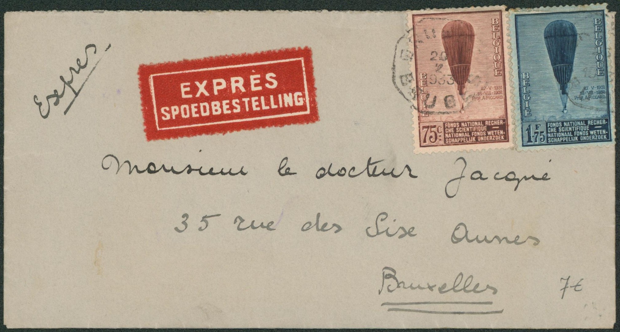 Ballon Piccard - n°353/54 sur lettre en expres obl télégraphique "Brugge / Bruges" > Bruxelles