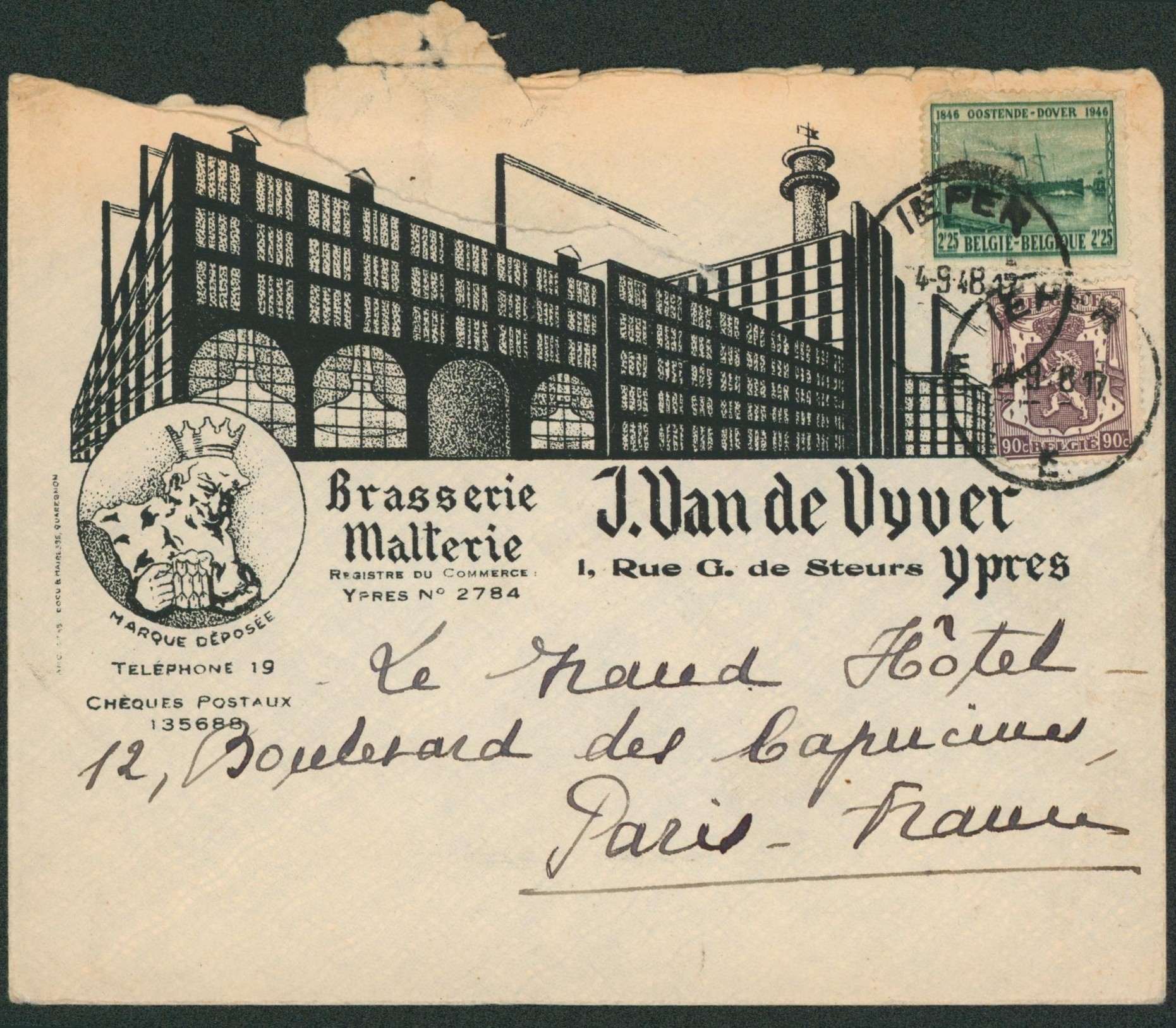 Affranch. Mixte sur lettre illustrée BRASSERIE MALTERIE J. VAN DE VYVER (Ypres, Ieper) > Paris. Superbe !