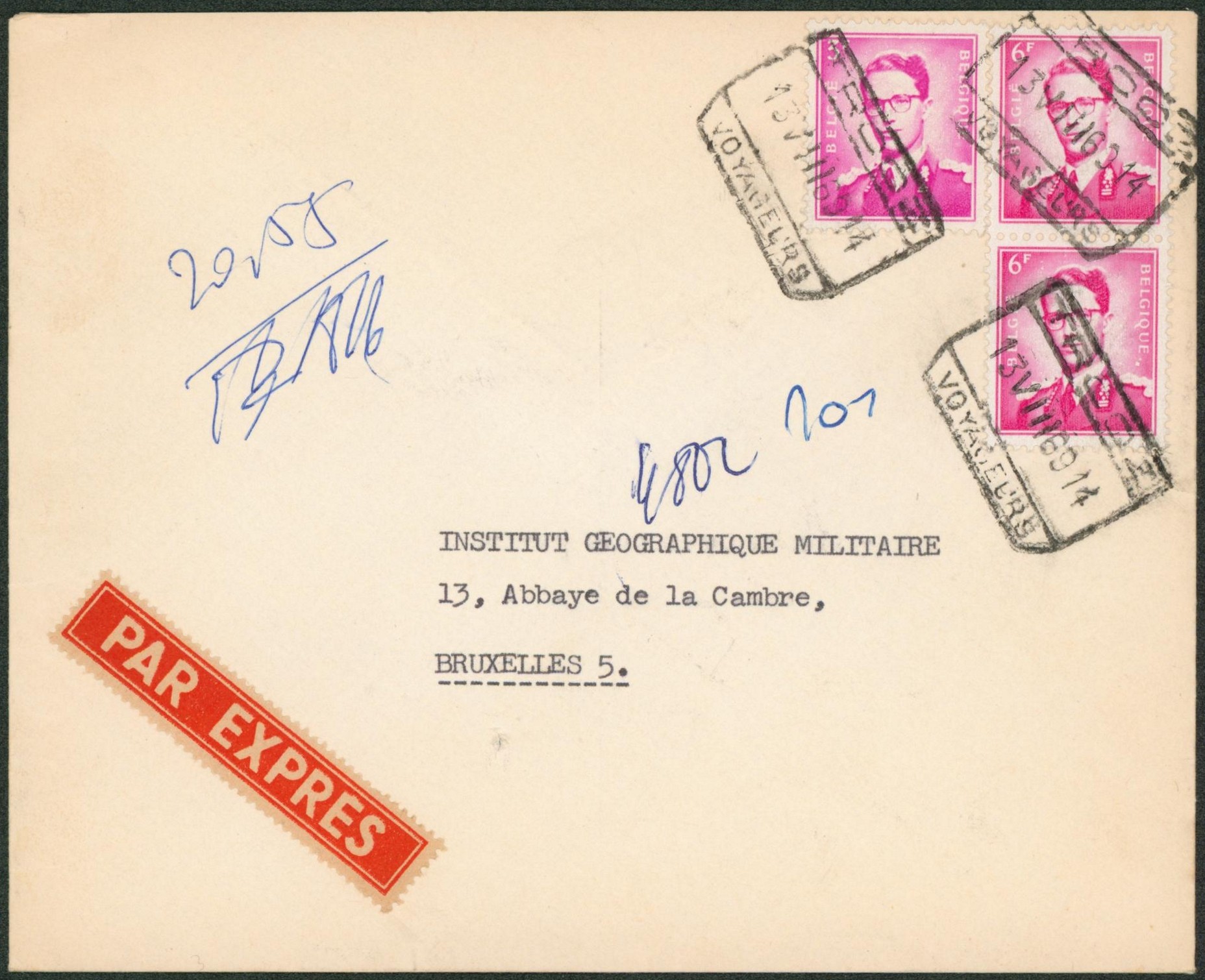 Baudouin à lunettes - 6F x3 sur lettre en expres + obl chemin de fer TROOZ > Bruxelles