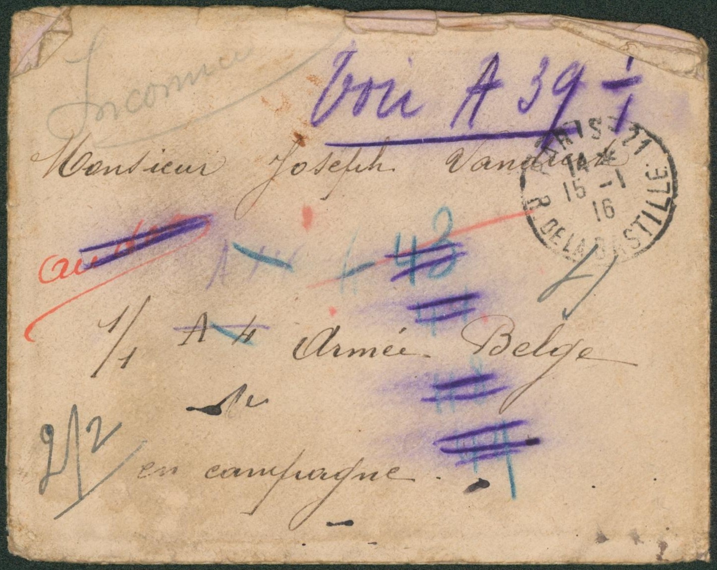 Lettre sans contenu expédié de Paris (1916) > Armée belge en campagne + cachet au verso