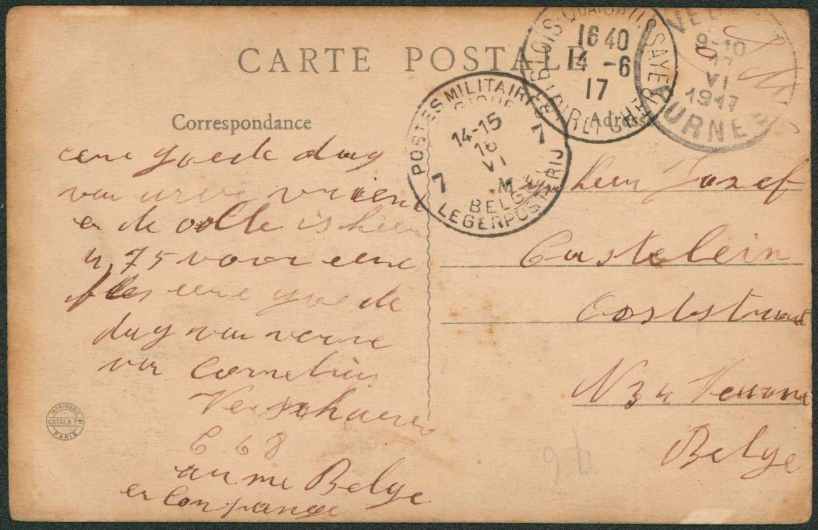 CP en S.M. obl P.M.B. 7 (1917) via Blois (France) > Veurne (zone non envahie). TB