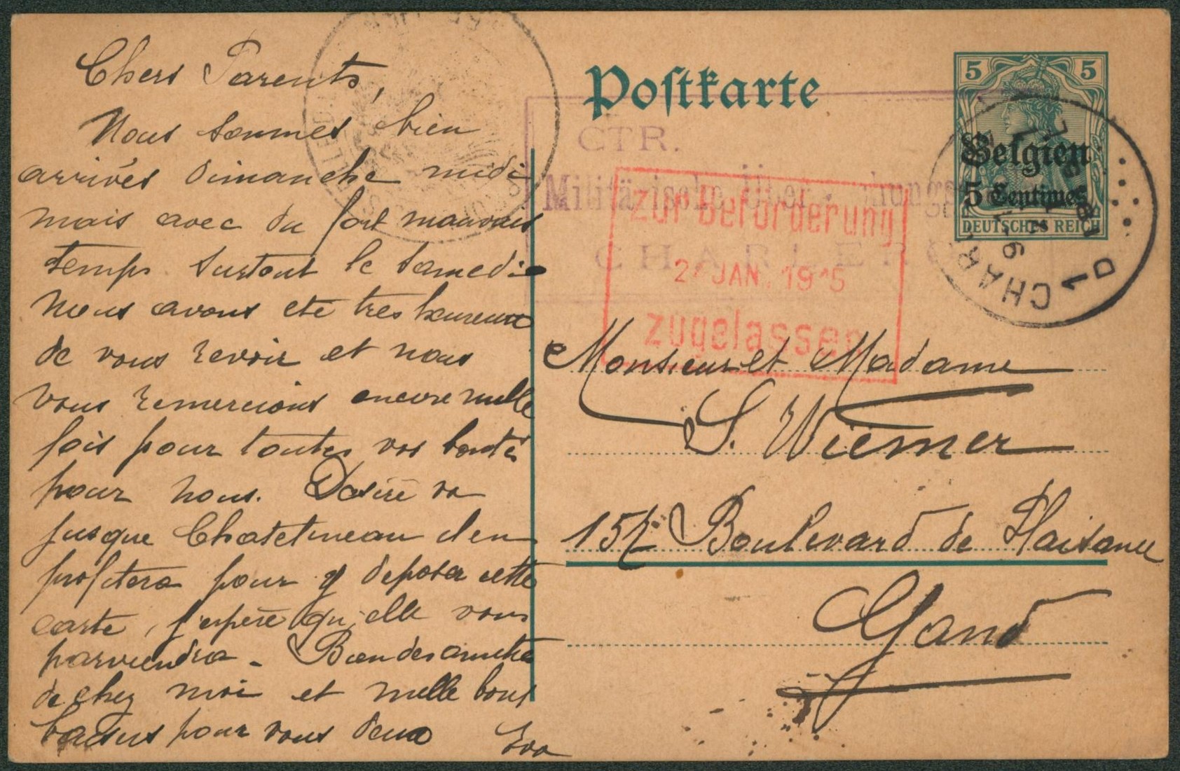 EP au type 5ctm vert expédié de Charleroy + cachet avec armoiries; griffe Zugelassen > Gand