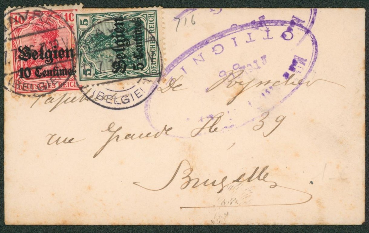 OC2/3 sur petite enveloppe obl à pont "Wavre" > Bruxelles