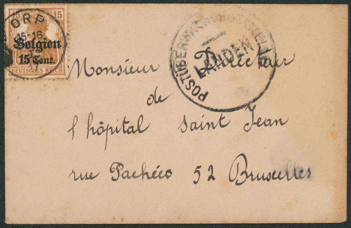OC15 sur petite enveloppe obl simple cercle "Orp" + censure Landen > Bruxelles